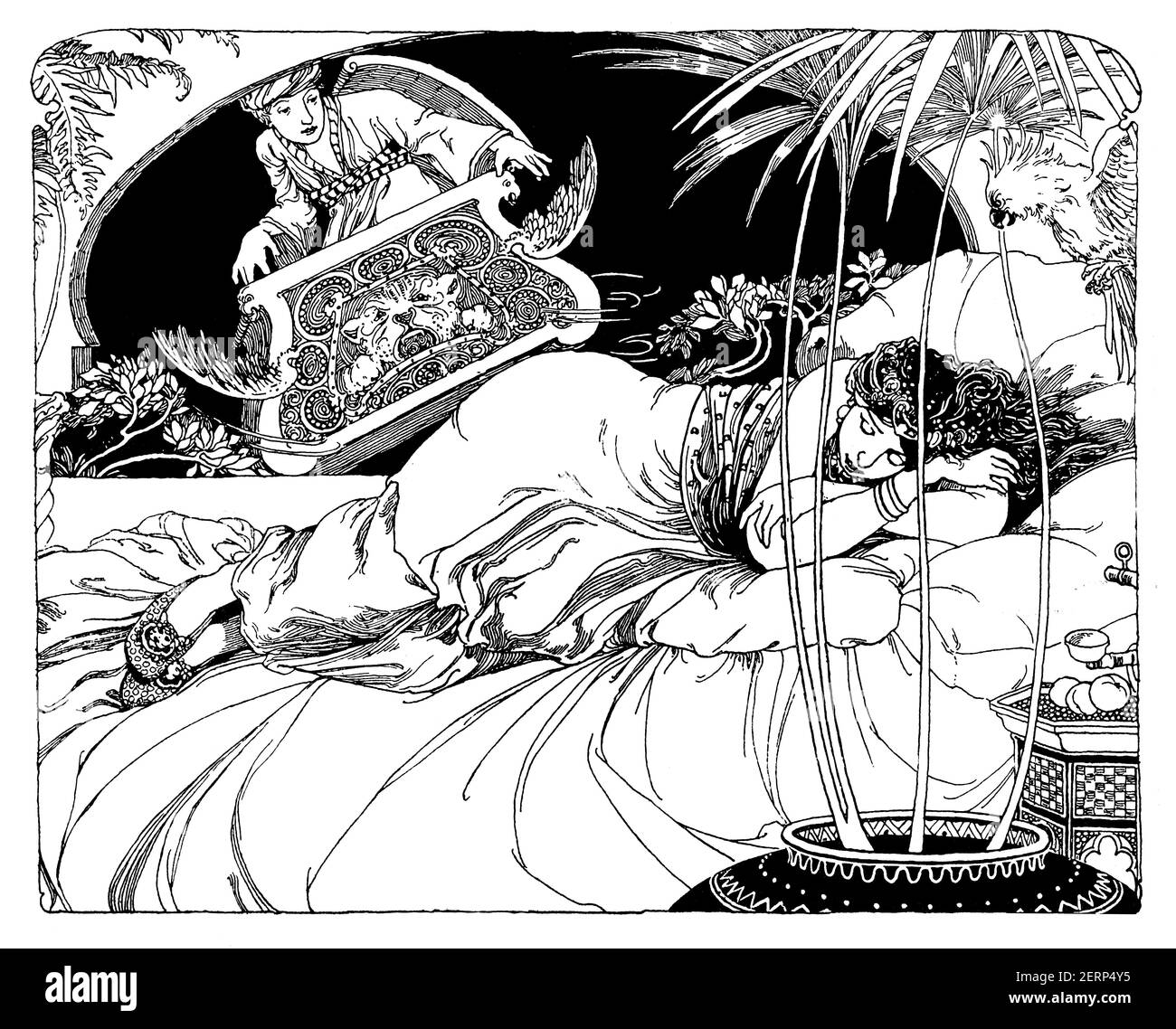 Fairy story illustration, sleeping beauty with winged chariot, by Fred H Ball, of Nottingham, from 1900 The Studio an Illustrated Magazine of Fine and Stock Photo