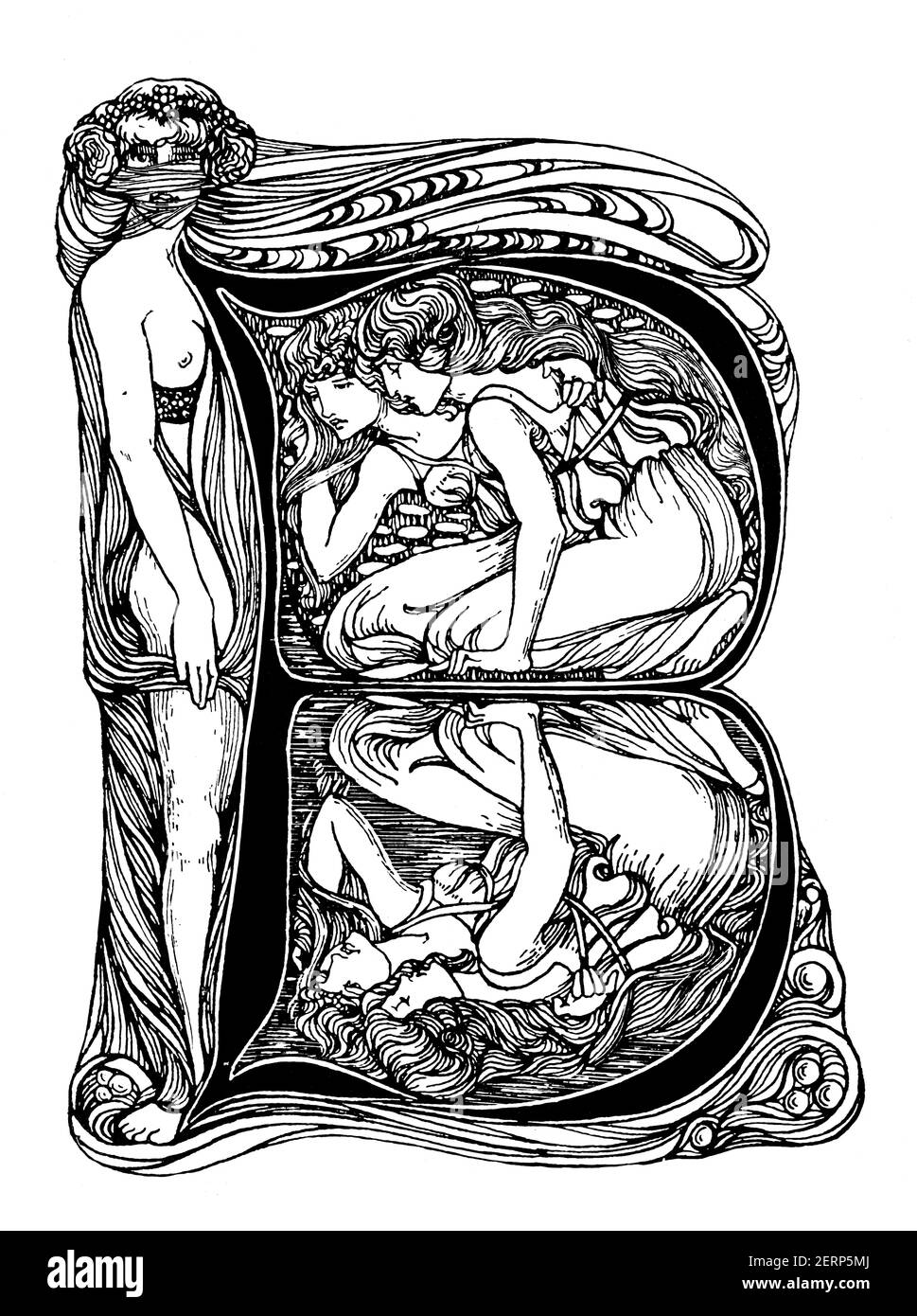 Illustrated initial, letter B, Art nouveau design by British illustrator and embroiderer Christine Drummond Angus (later Angus-Sickert), from 1900 The Stock Photo