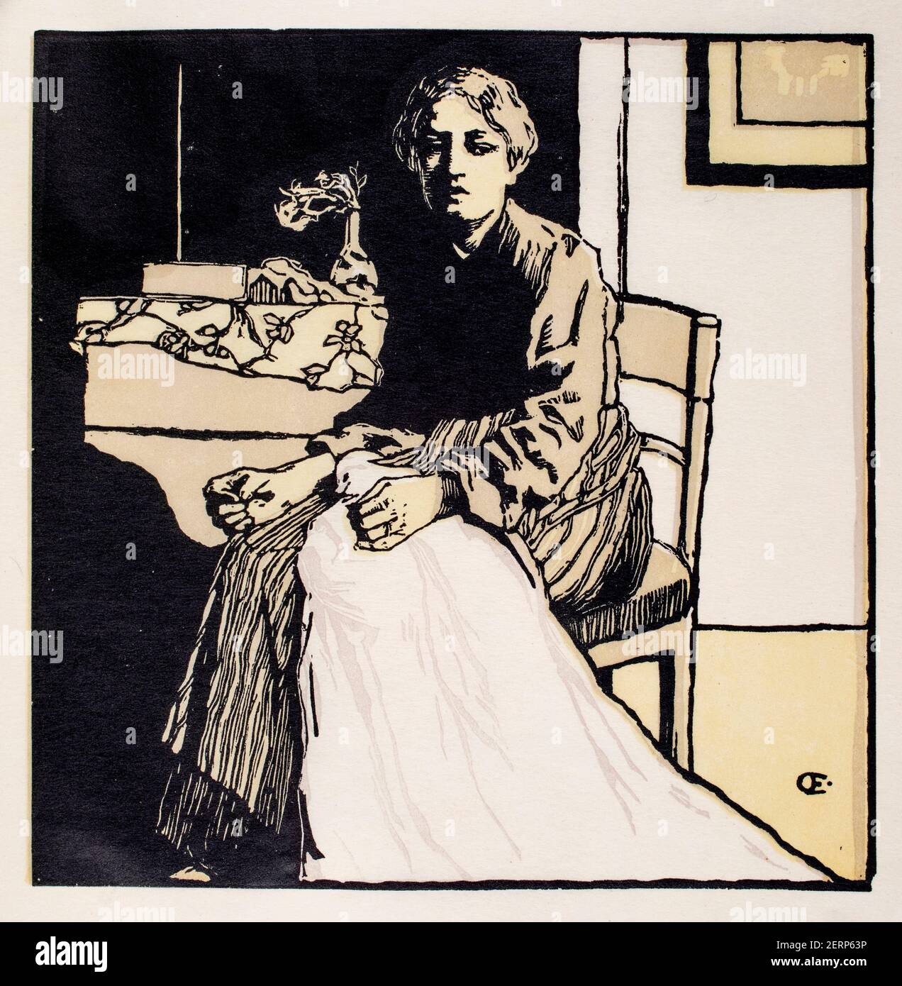 The seamstress, Chromo xylograph (Colour woodblock print) by Prague born painter, etcher and lithographer Emil Orlik from 1900 The Studio an Illustrat Stock Photo