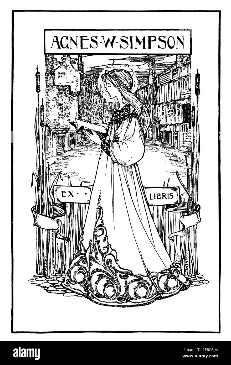 Agnes S Simpson bookplate by Janet Scott Chisholm Simpson, from 1900 The Studio an Illustrated Magazine of Fine and Applied Art Stock Photo