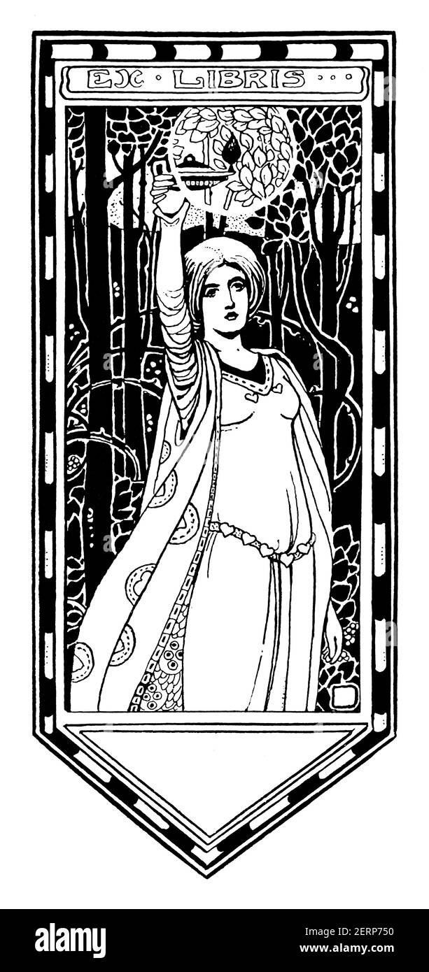 Blank bookplate depicting female figure holding lamp aloft by British children's book illustrator and designer Ethel Larcombe of Exeter, from 1900 The Stock Photo