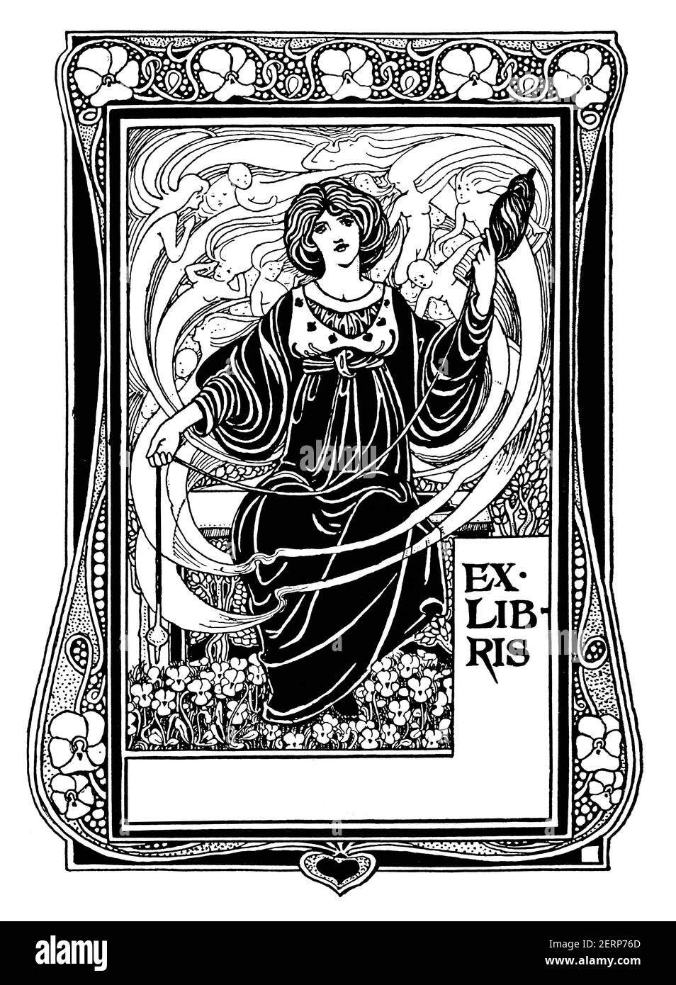 Blank bookplate depicting female figure spinning yarn by British children's book illustrator and designer Ethel Larcombe of Exeter, from 1900 The Stud Stock Photo