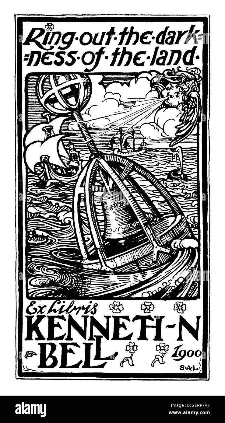 Ring out the darkness of the land, bookplate by ‘Sal’, S A Lindsay from Southbourne Hanpshire from 1900 The Studio an Illustrated Magazine of Fine and Stock Photo