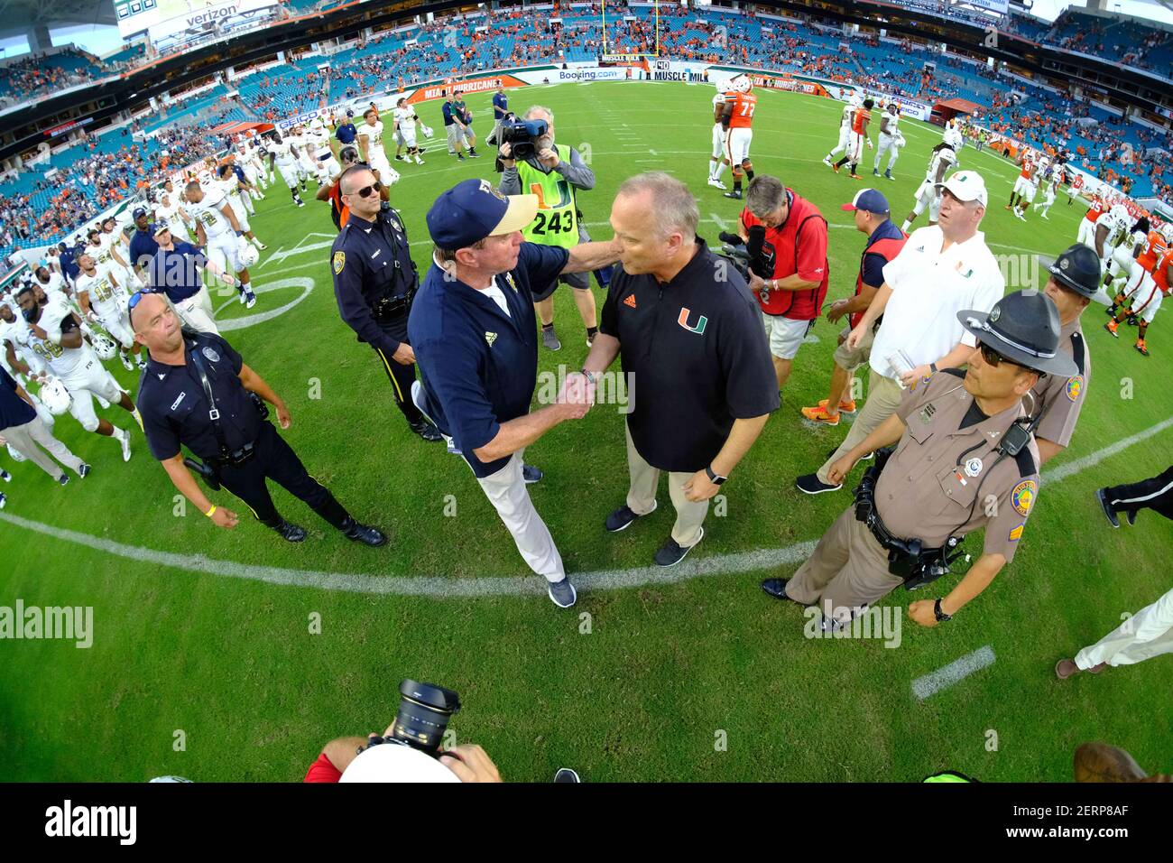 September 22, 2018: Head coach Mark Richt of Miami shakes hands with ...