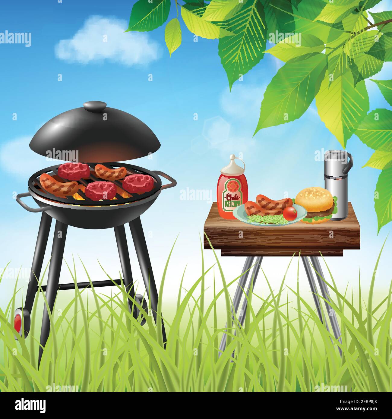 Summer picnic with sausages and burgers cooking on grill realistic ...