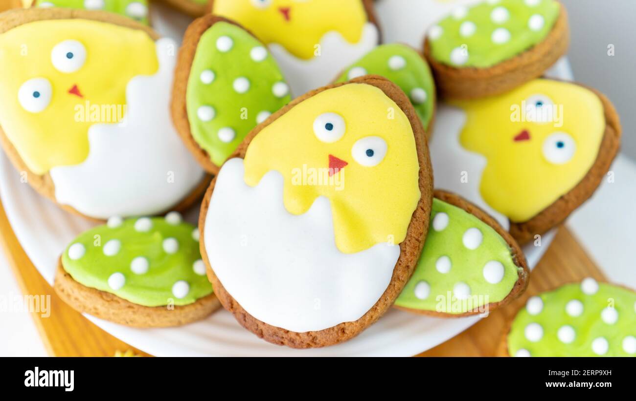 Cute iced sugar biscuits on a plate. Easter still life. Family cooking creative ideas. Easter baking with children. Nice chicken in eggshell  biscuits Stock Photo