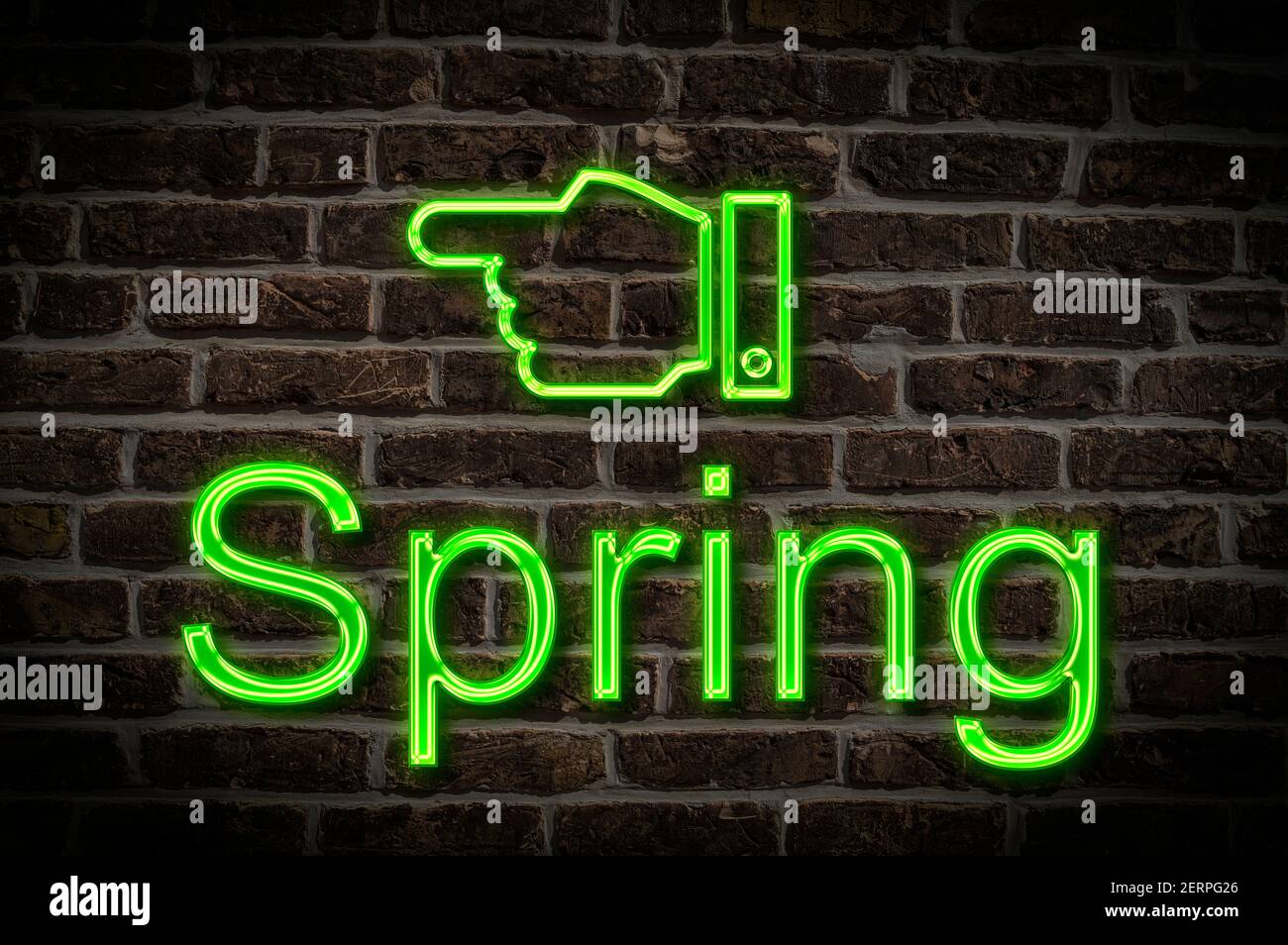 Detail photo of a neon sign on a wall with the inscription Spring Stock ...