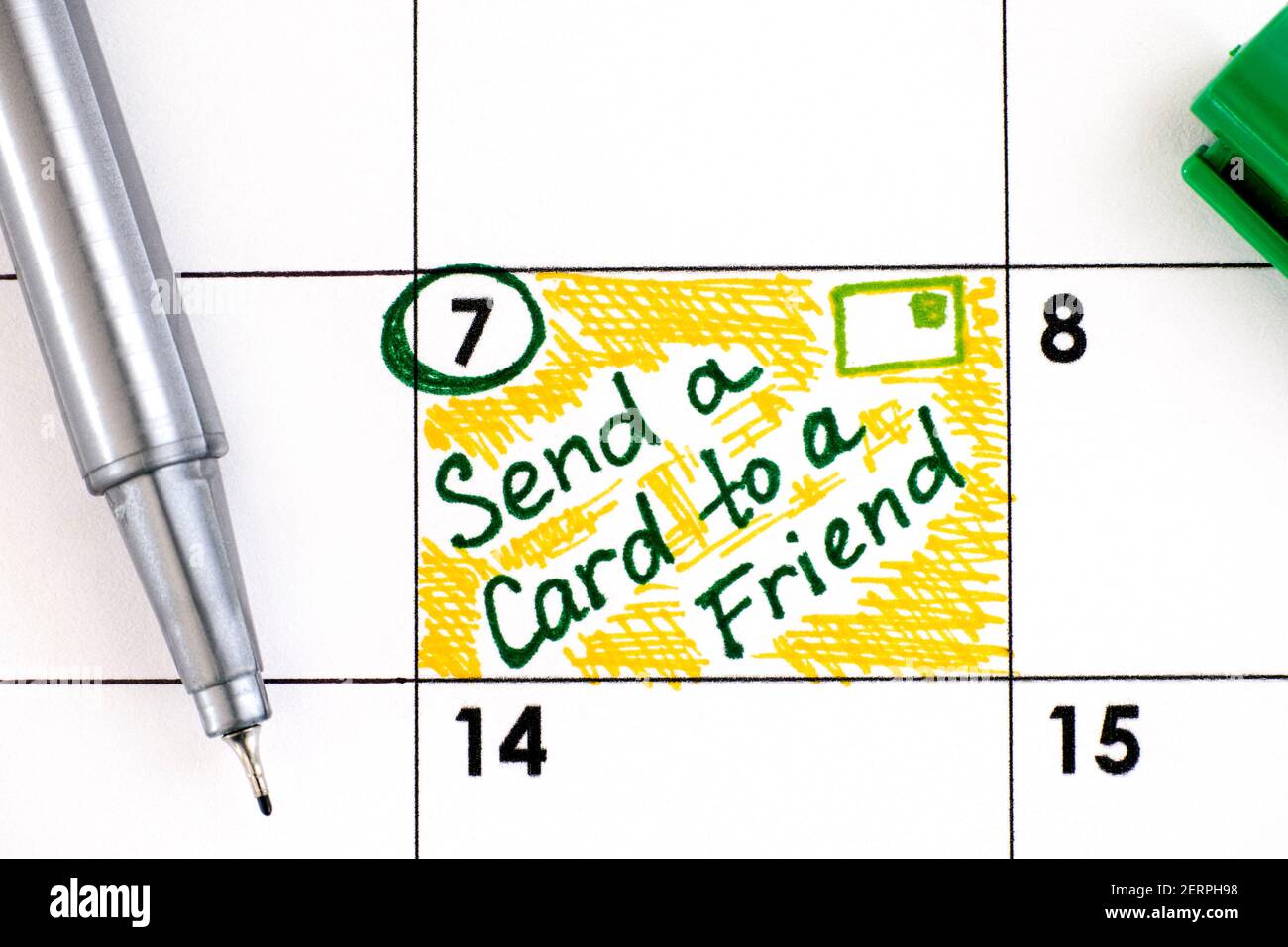 Reminder Send a Card to a Friend Day in calendar with pen. February 07