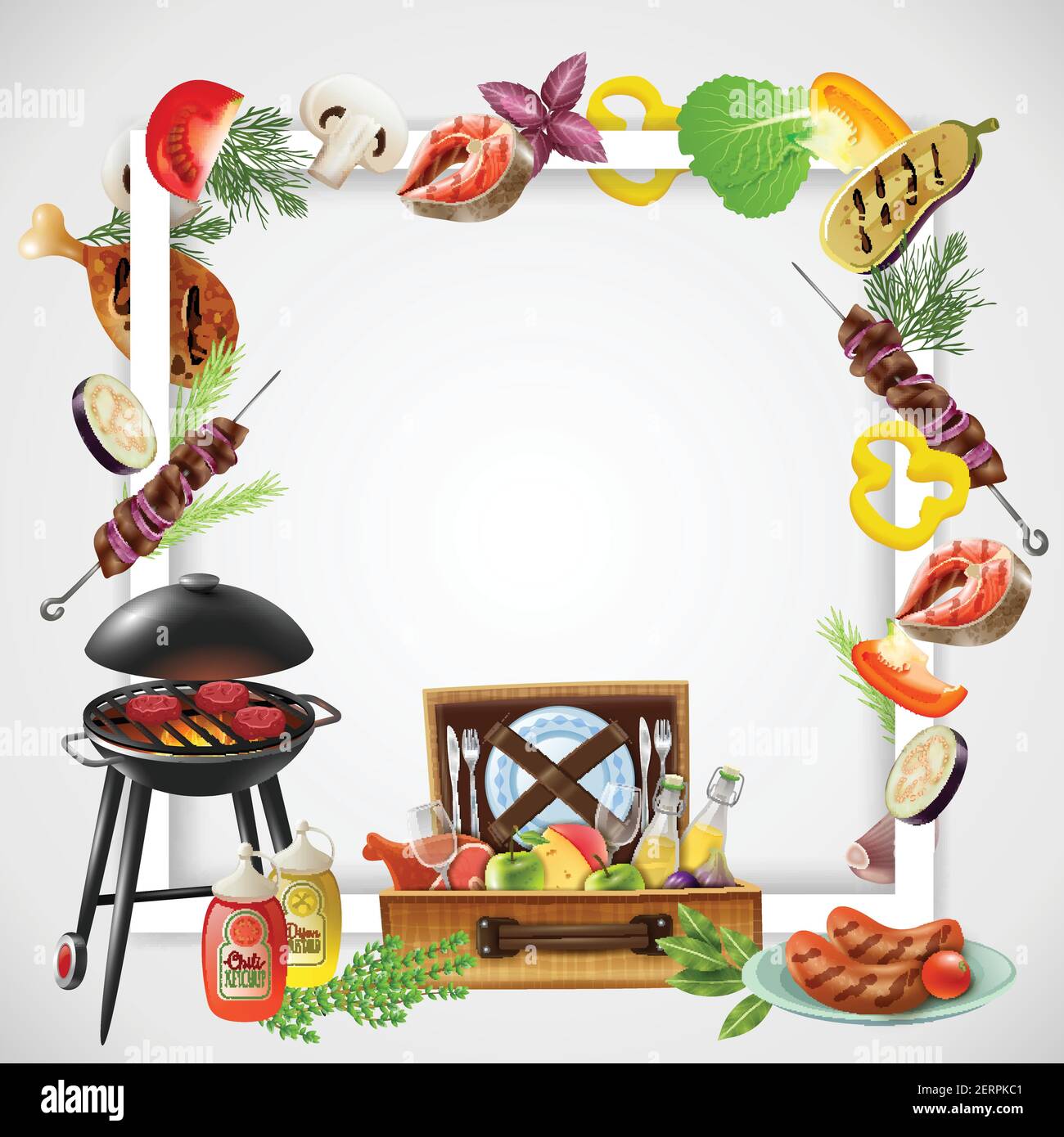 Realistic frame with grill different bbq dishes vegetables and drinks for picnic vector illustration Stock Vector