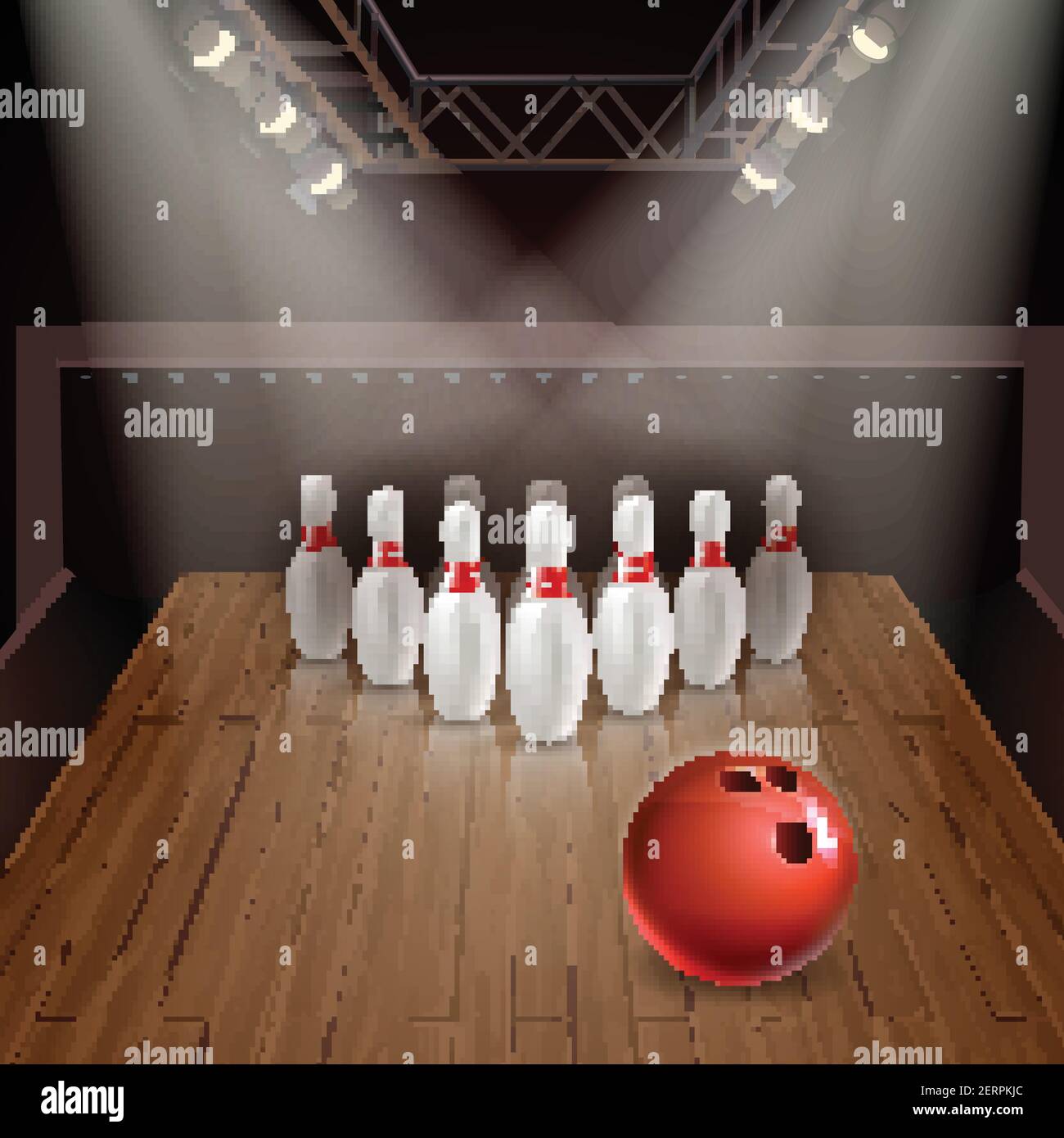 Bowling lane with exposed skittles and red ball under spotlights 3d vector illustration Stock Vector