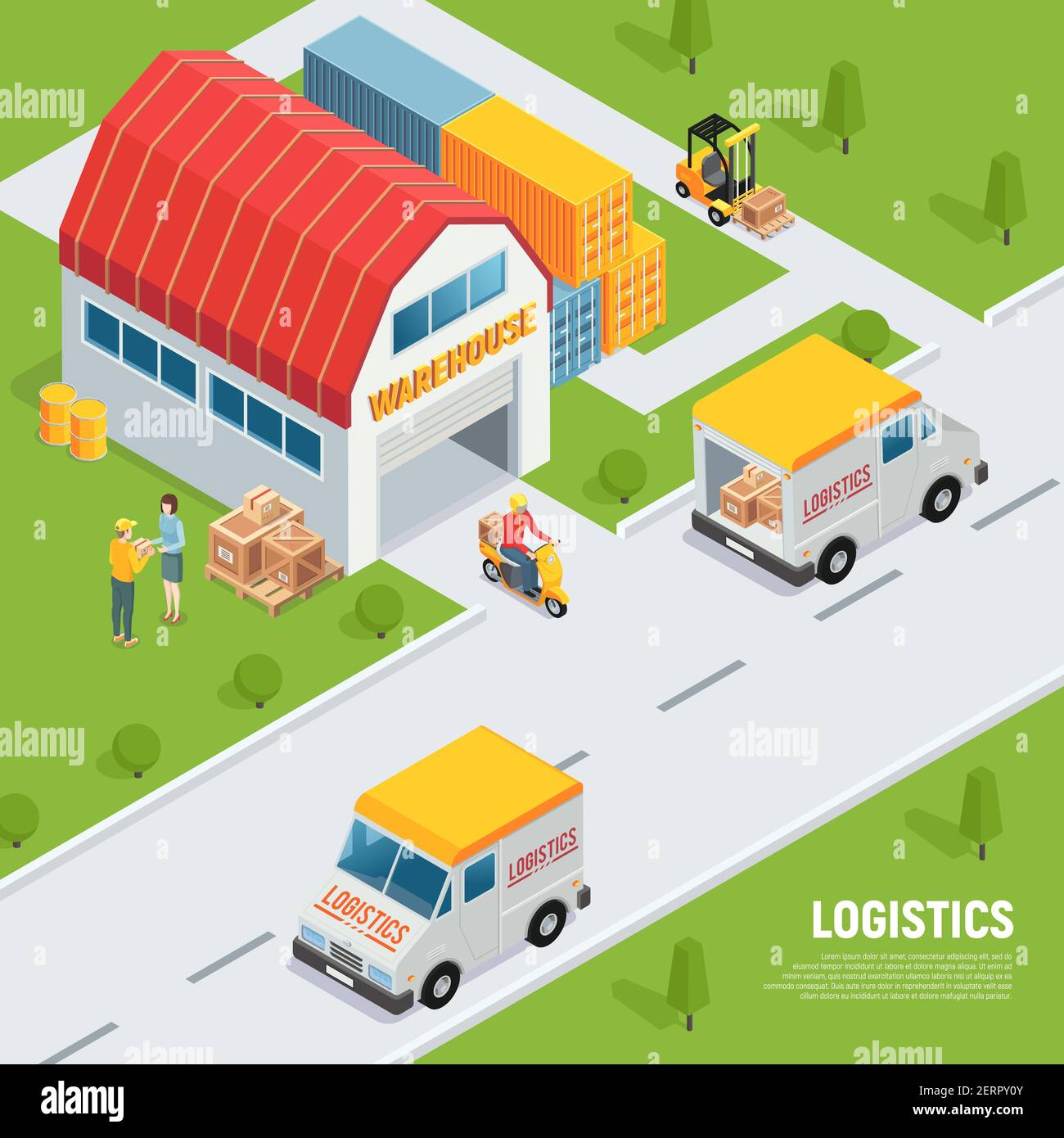 Warehouse logistics shipping receiving goods equipment isometric