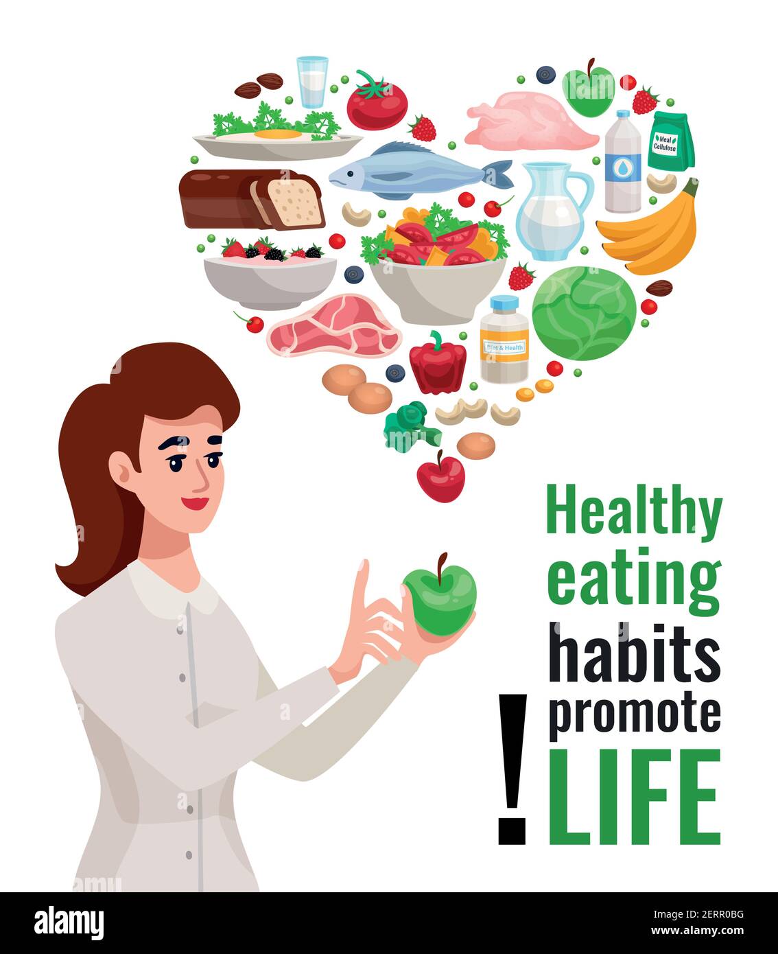 Healthy eating advertising poster with young woman holding green apple and  useful food icons in heart form cartoon vector illustration Stock Vector  Image & Art - Alamy