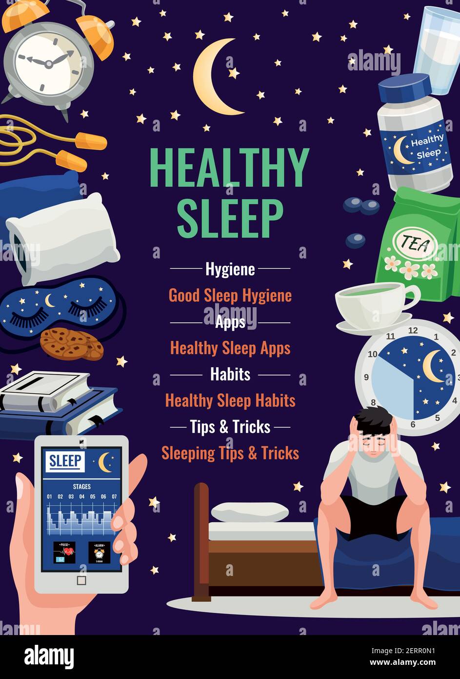 Healthy sleep poster with alarm clock orthopedic pillow cup of herbal ...