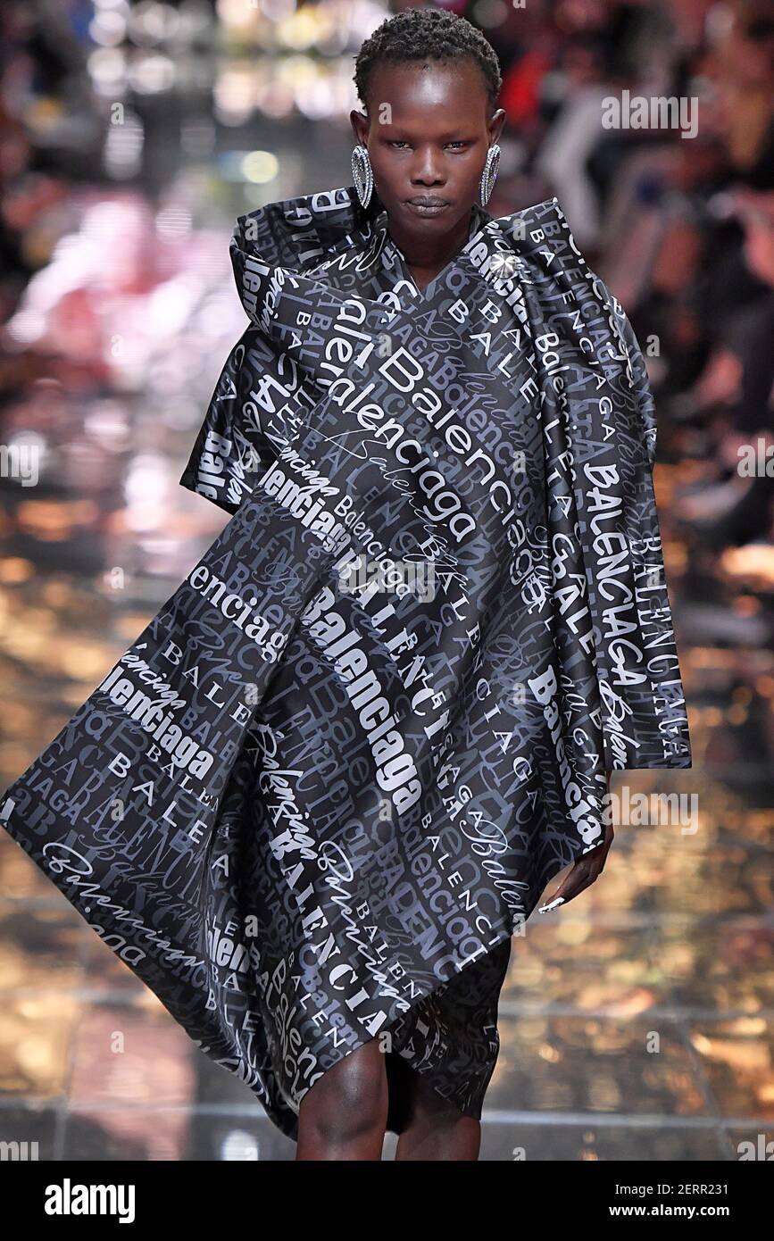 Model on the runway at the Balenciaga fashion show during Spring