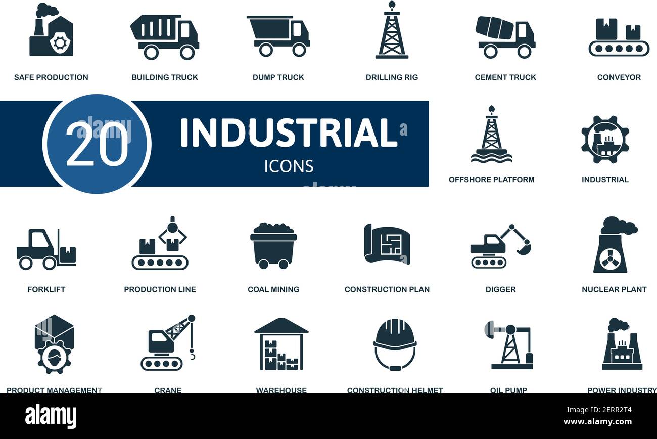 Industrial icon set. Contains editable icons industrial theme such as oil pump, power industry, coal mining and more. Stock Vector