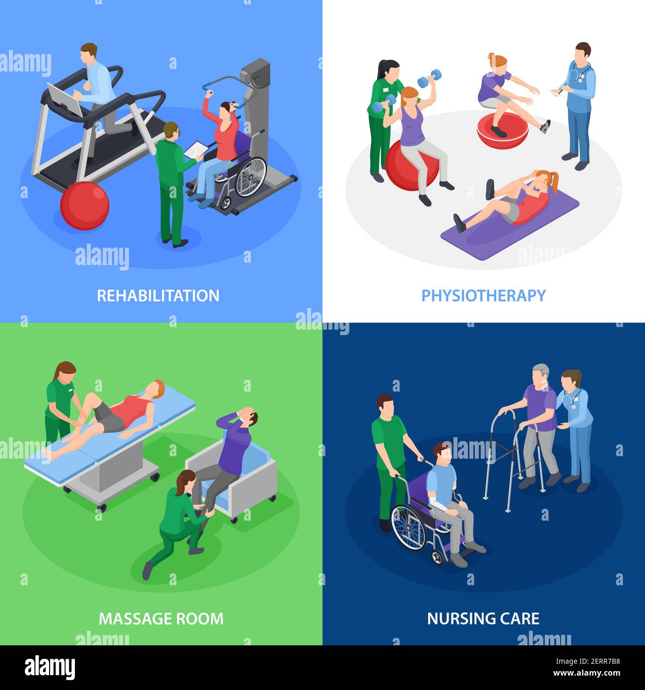 Physiotherapy Rehabilitation Isometric Icons Concept With Nursing Care Massage Treatment