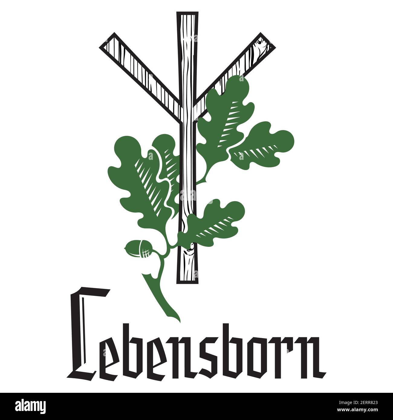 Old Scandinavian rune Algiz and Oak branch with leaves and acorns. Inscription in German Lebensborn - Rune of Life Stock Vector