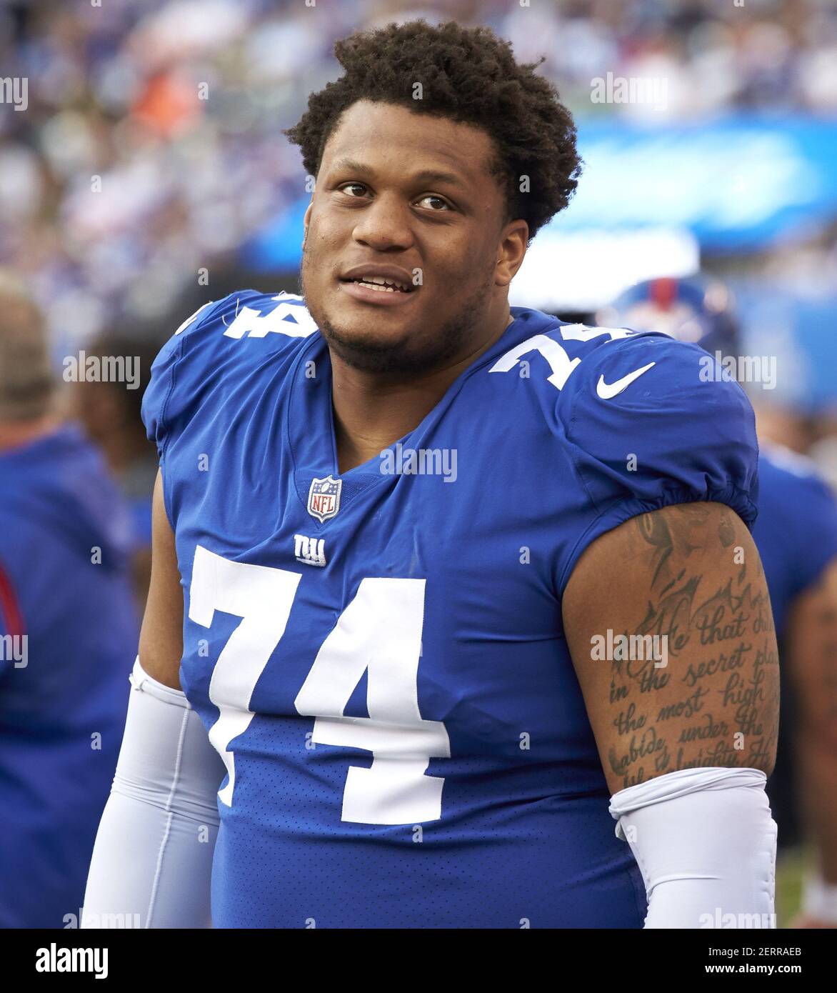 October 2, 2018 - East Rutherford, New Jersey, U.S. - New York Giants  offensive tackle Ereck Flowers (74) during a NFL game between the New  Orlean Saints and the New York Giants