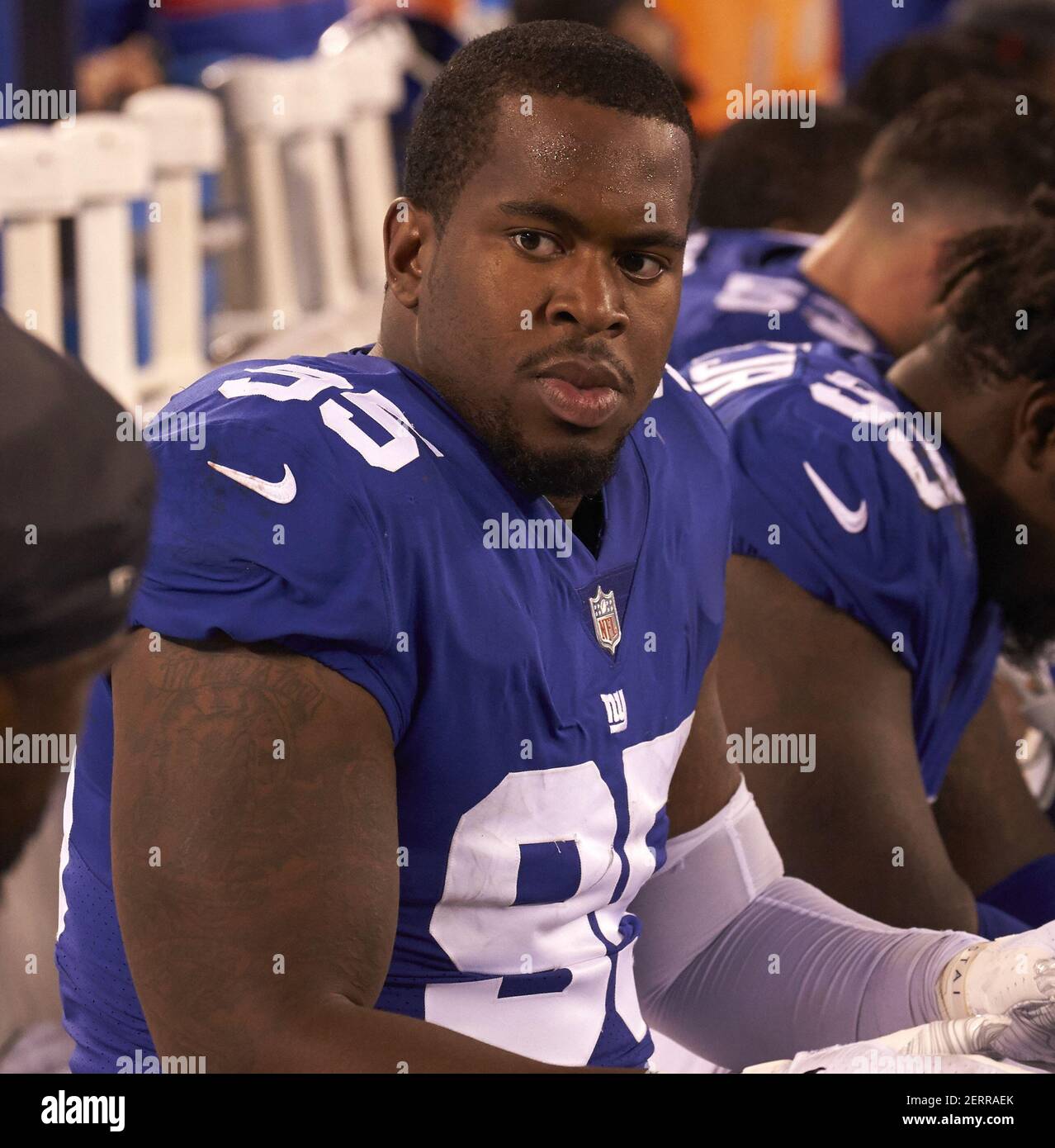 October 2, 2018 - East Rutherford, New Jersey, U.S. - New York Giants  defensive tackle B.J. Hill (95) on the sideline during a NFL game between  the New Orlean Saints and the