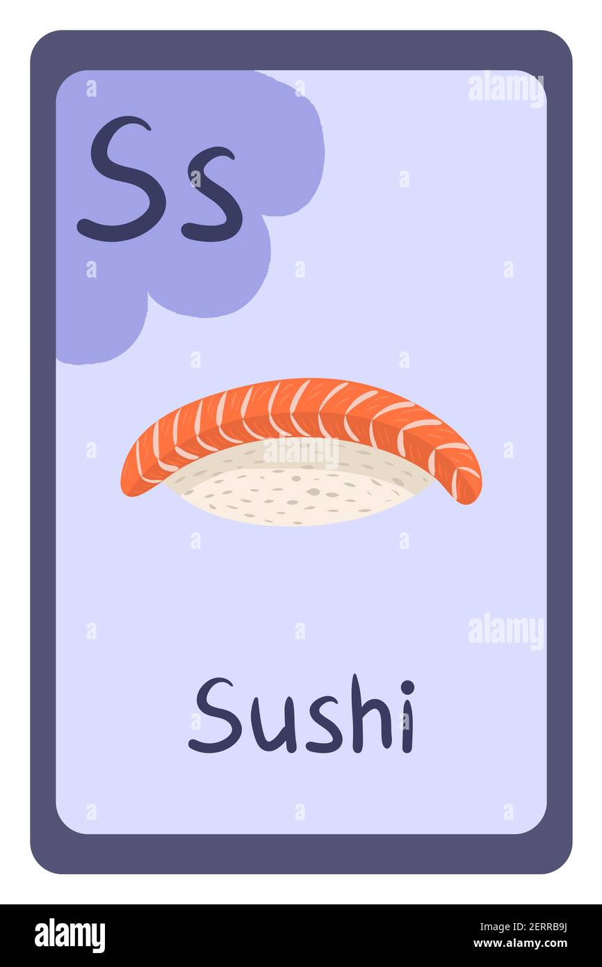 Colorful abc education flash card, Letter S sushi, asian dish from