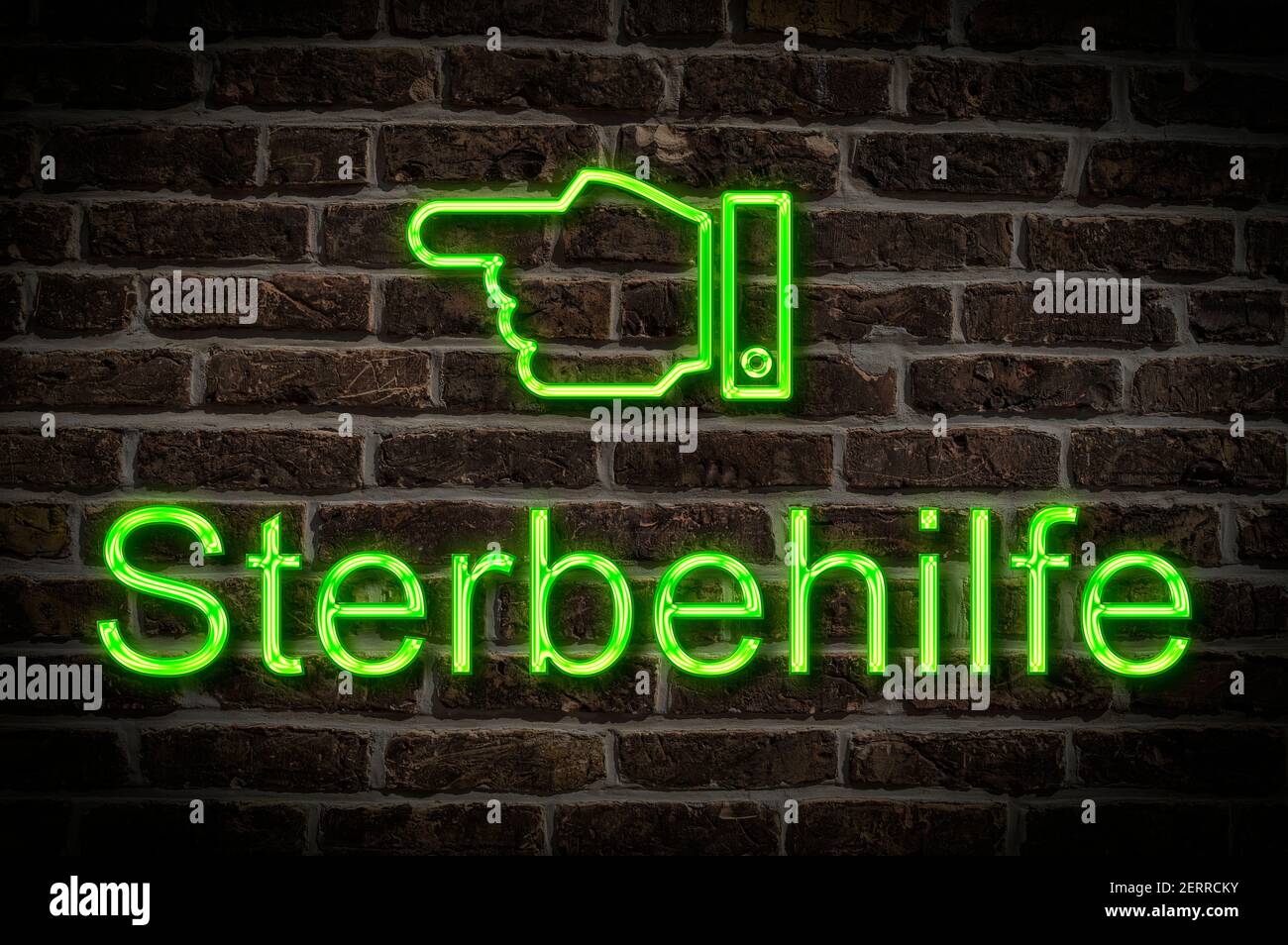 Detail photo of a neon sign on a wall with the inscription Sterbehilfe (medically assisted suicide) Stock Photo
