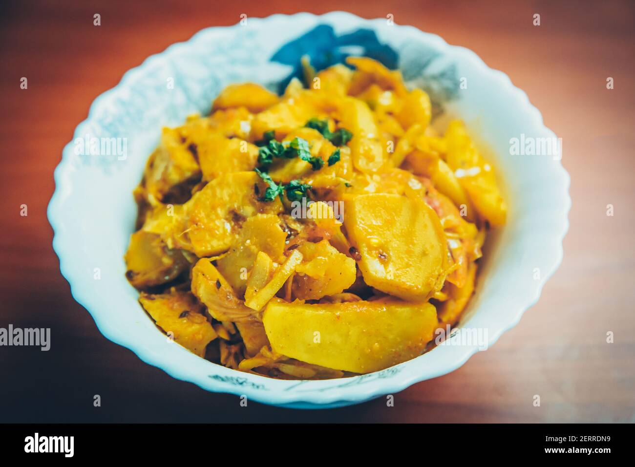Bamboo Shoots curry cooked in Nepali Indian Style served in a bowl. Alu
