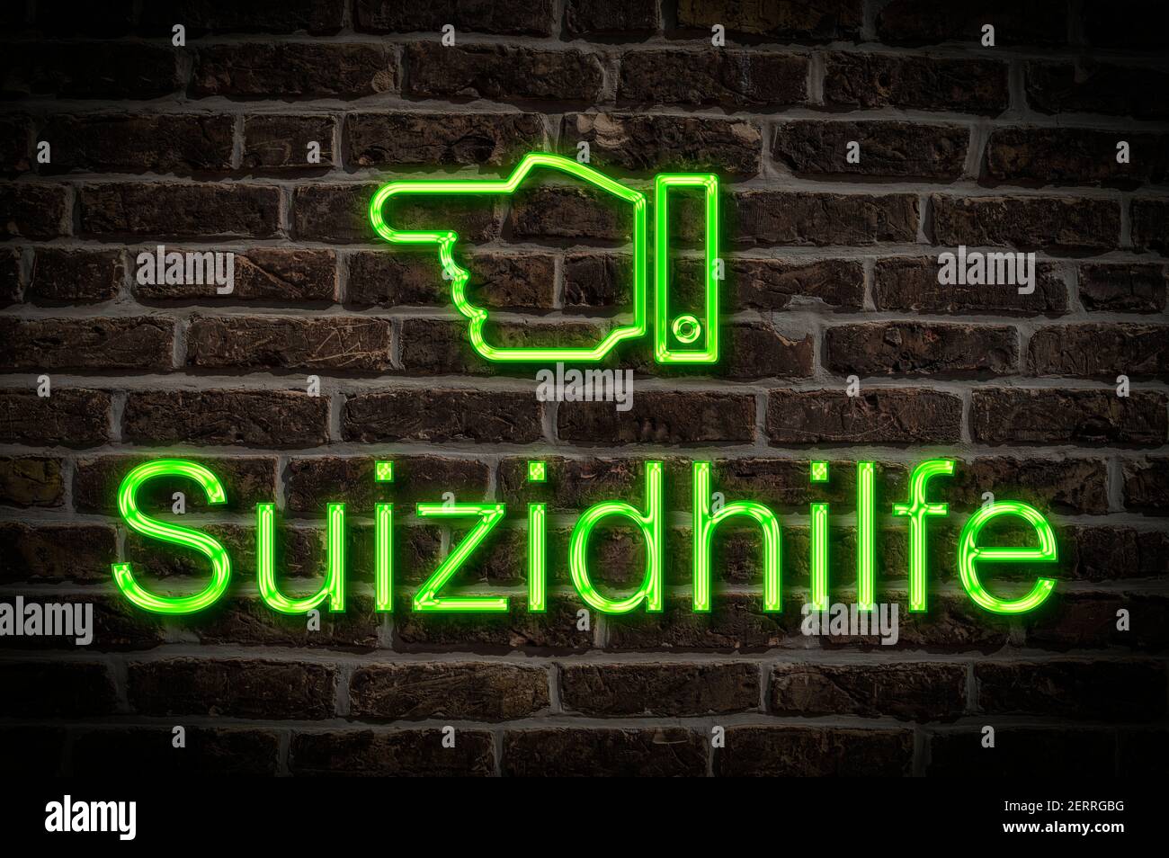 Detail photo of a neon sign on a wall with the inscription Suizidhilfe (medically assisted suicide) Stock Photo