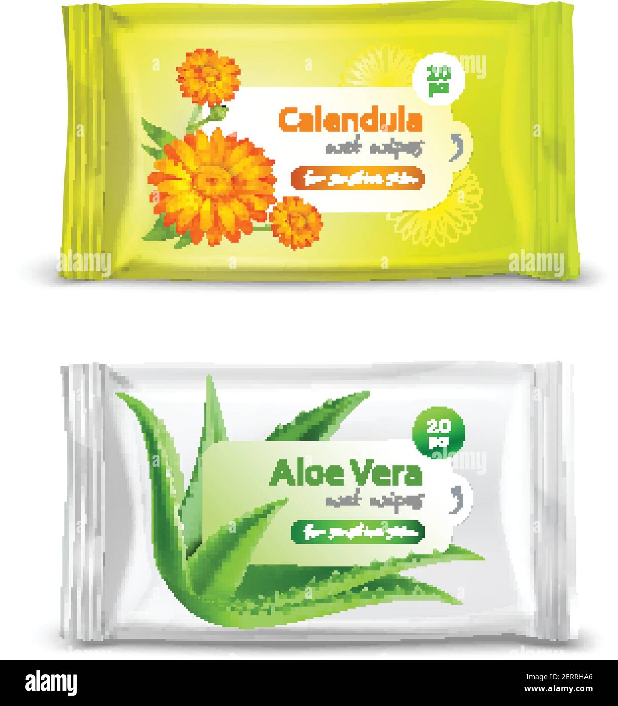 Set of realistic packaging for wet napkins with calendula and aloe vera  isolated 3d vector illustration Stock Vector Image & Art - Alamy