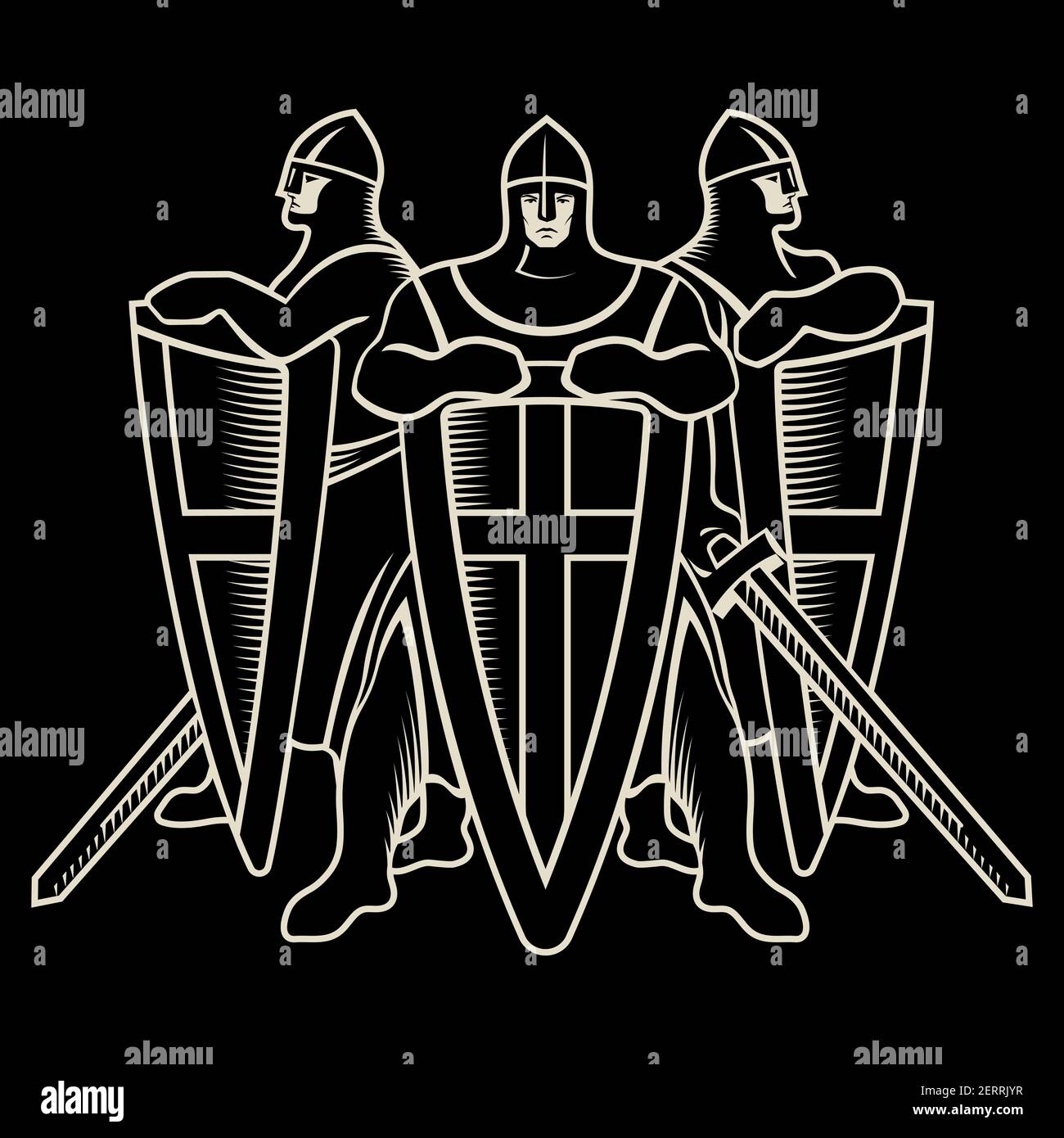Knightly design. Three Warrior Knight Templar with swords and shields Stock Vector
