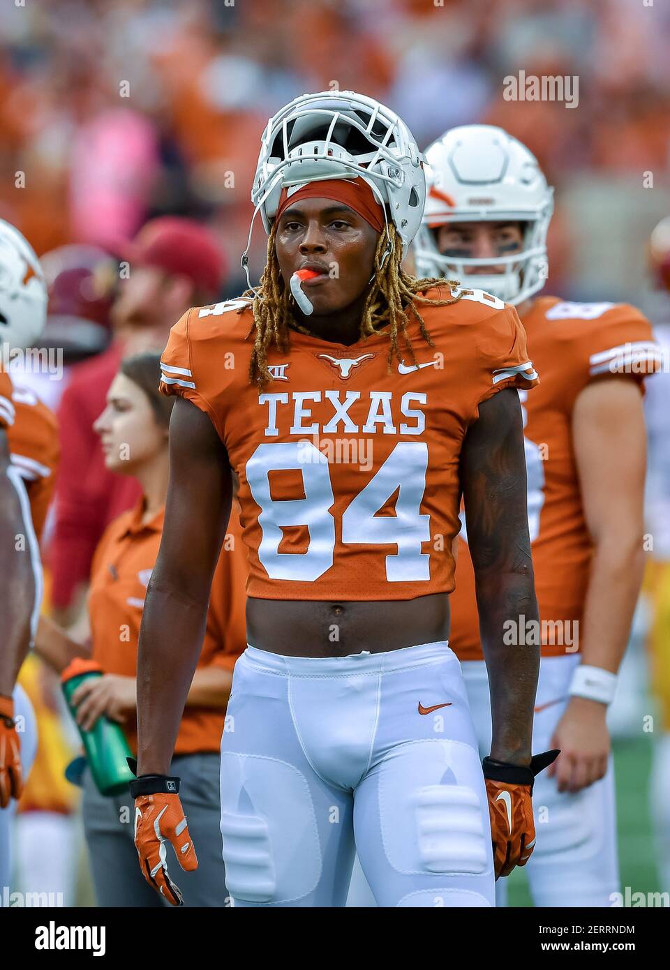 September 15, 2018 Austin, TX...Longhorn junior receiver, Lil' Jordan  Humphrey (84), just before game time between the University of Texas  Longhorns and the USC Trojans, in Austin, TX. (Absolute Complete  Photographer &