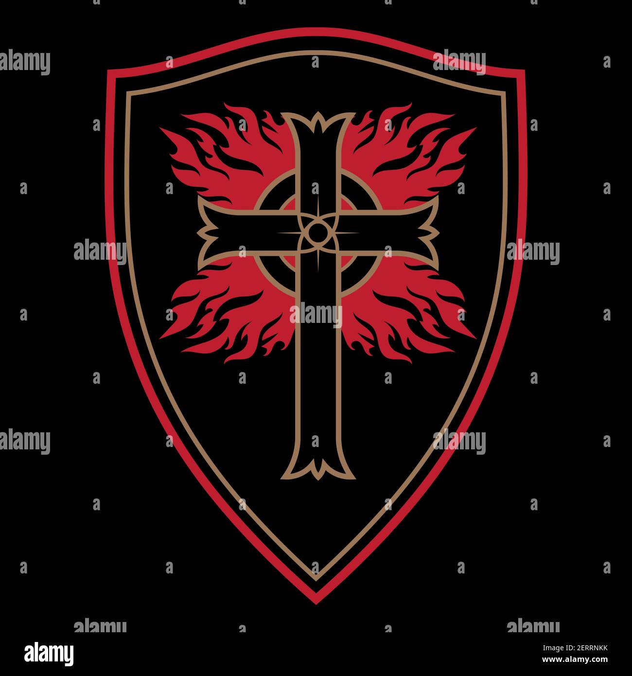 Knightly design. Crusader Knight Shield with Flaming Cross Stock Vector