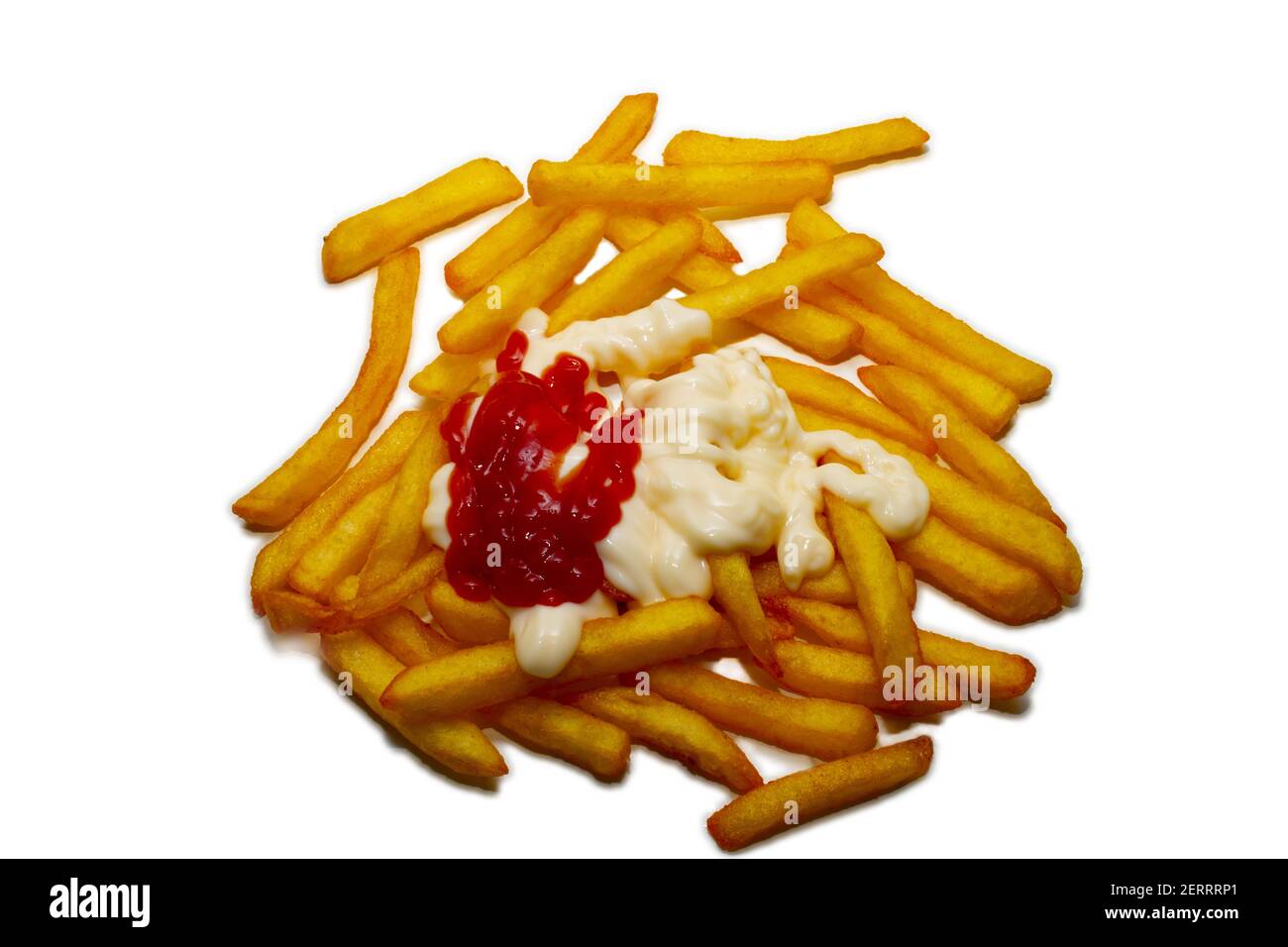 unhealthy french fries with ketchup and mayonnaise isolated on white background Stock Photo