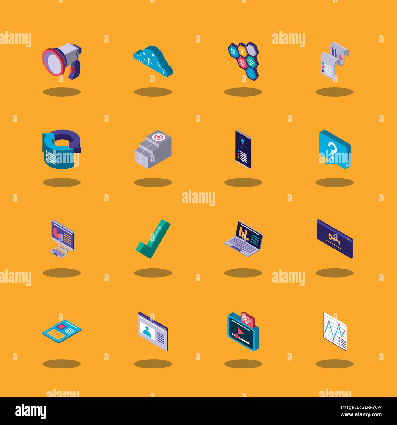 set digital solutions marketing speaker cloud storage security data vector illustration isometric Stock Vector