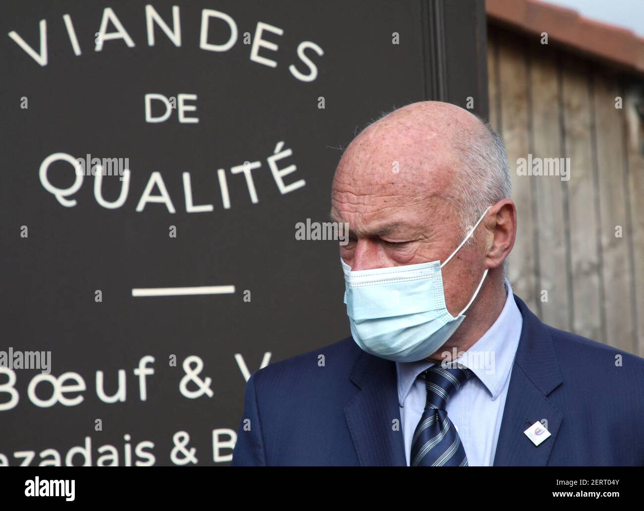 The president of the Nouvelle-Aquitaine region Alain Rousset visiting the La Valette estate of Arnaud Bourgeois, Dordogne. This organic farm received support from the Regional Council as part of the Competitiveness and Adaptation Plan for agricultural holdings. Saint Félix de Villadeix, France on February 26, 2021. Photo by Simonet D/ANDBZ/ABACAPRESS.COM Stock Photo