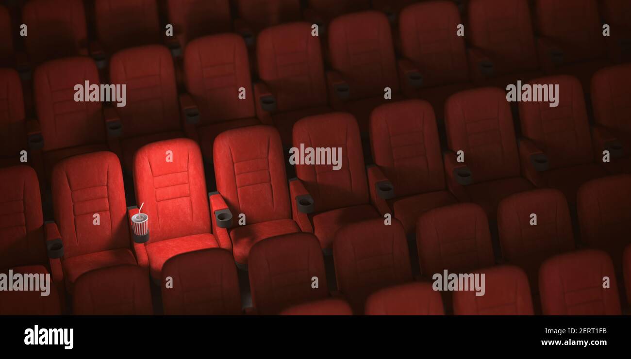 Cinema movie theater concept background. Red cinema seats and cola in empty  theater. 3d illustration Stock Photo - Alamy