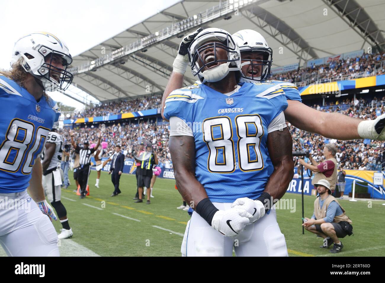 October 07, 2018 Los Angeles Chargers tight end Virgil Green (88)  celebrates after scoring a touchdown during the football game between the  Oakland Raiders and the Los Angeles Chargers at the StubHub
