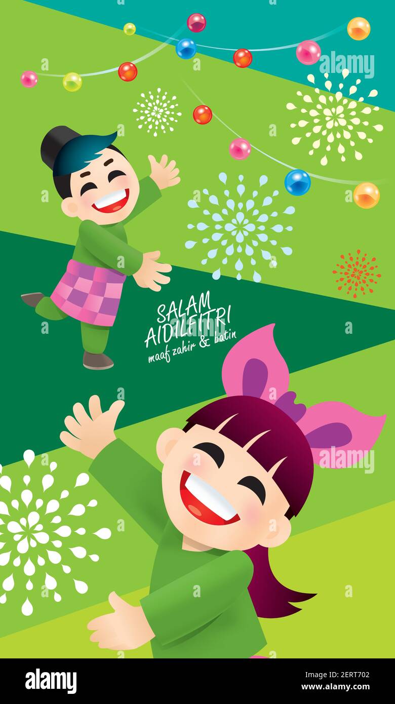 Celebrating Raya Muslim boy and girl celebrating Raya festival, with colorful background ...