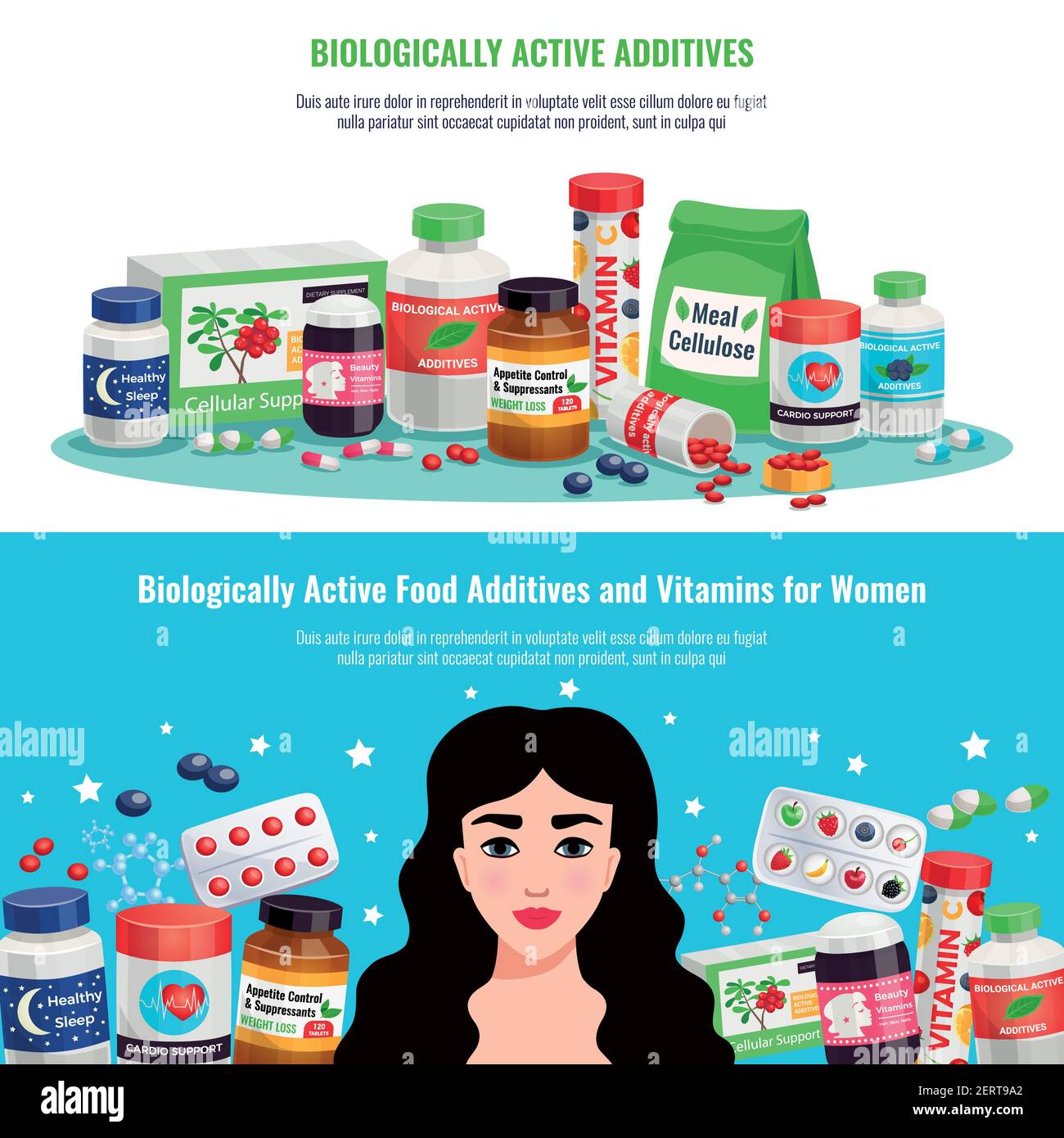 Biologically active food additives and vitamins for women health and beauty horizontal banners cartoon vector illustration Stock Vector