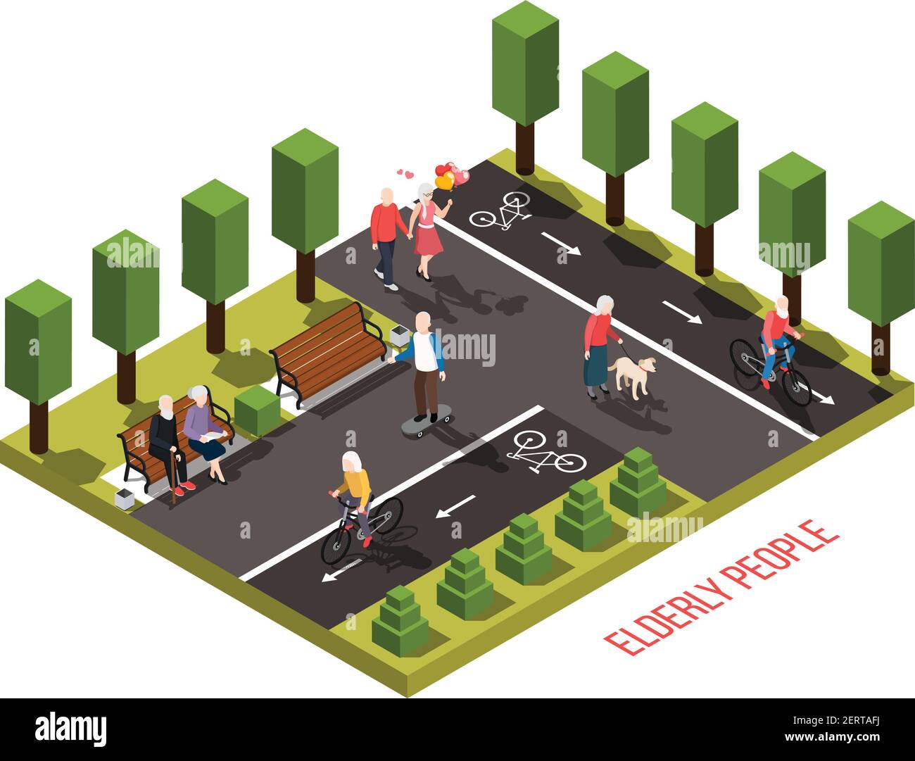 Elderly people nursing home outdoor recreation area isometric composition with residents cycling