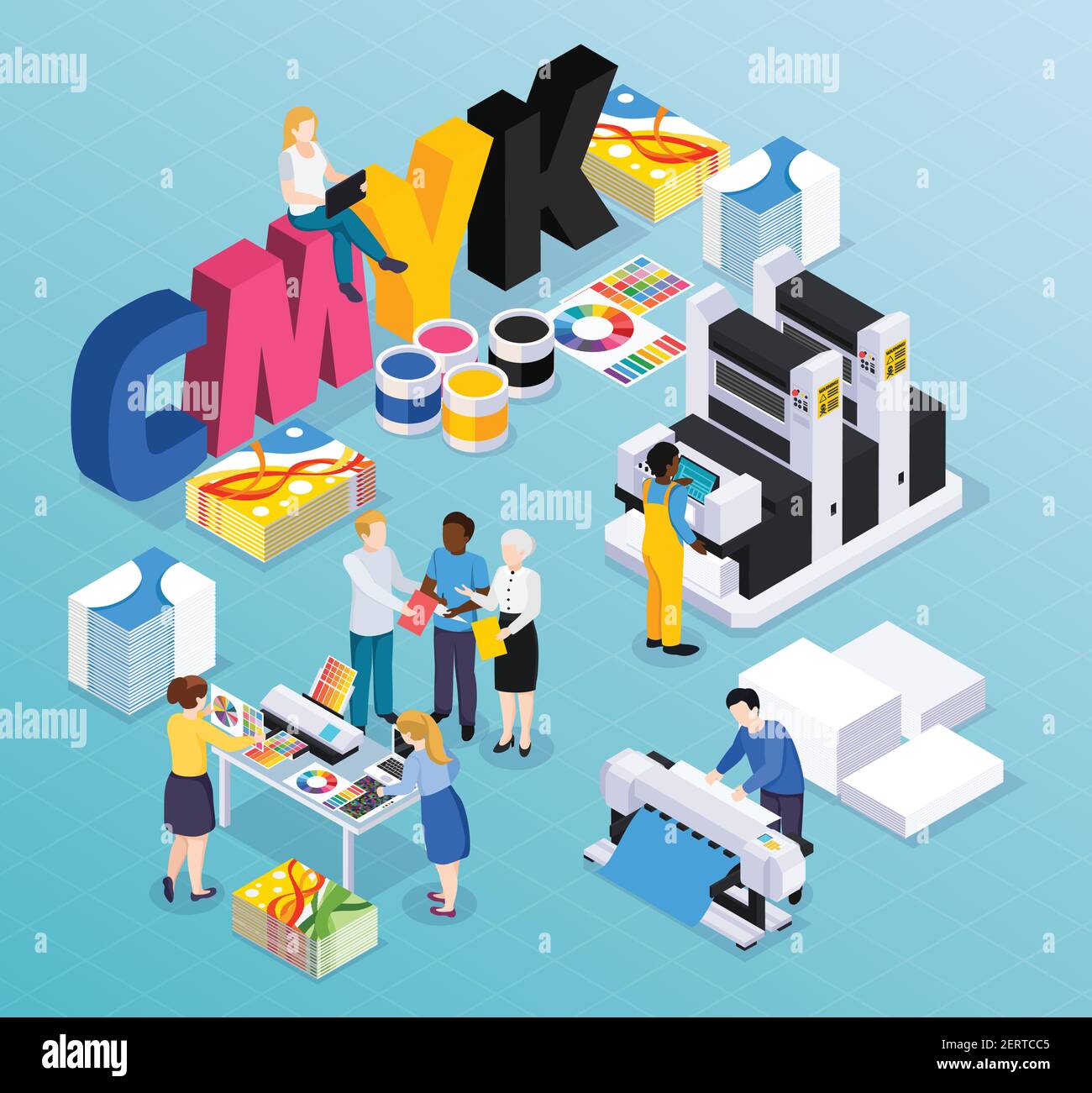Advertising agency printing house isometric composition with customers