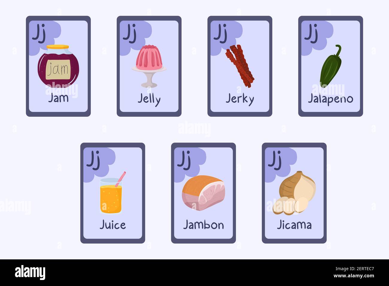 Colorful Phonics flashcard Letter J- jam, jelly, jerky, jalapeno, juice, jambon, jicama. Food themed ABC cards for teaching reading with foods, vegetables, fruits and nuts. Series of ABC. Stock Vector