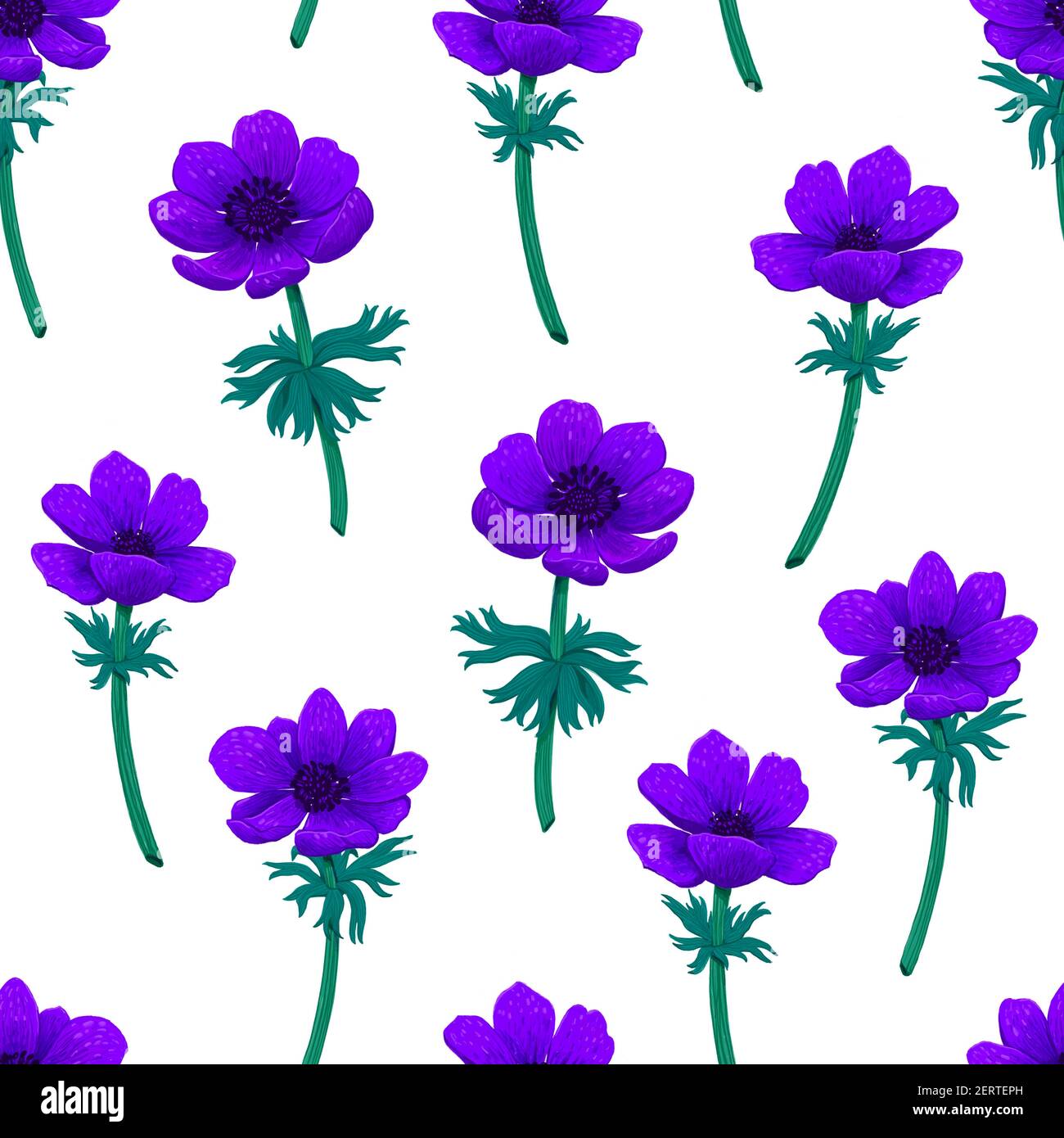 Floral seamless pattern. Blue anemones pattern. Color pencil digital ...
