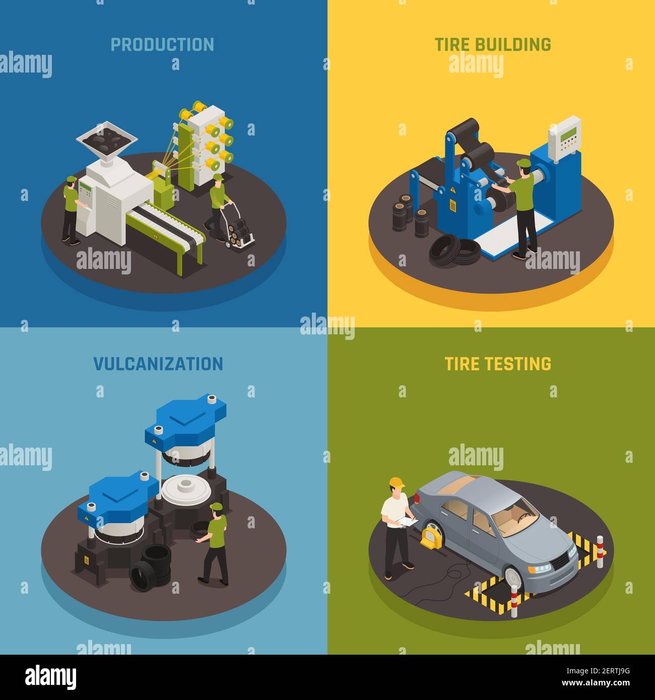 Tire production isometric design concept with industrial equipment and