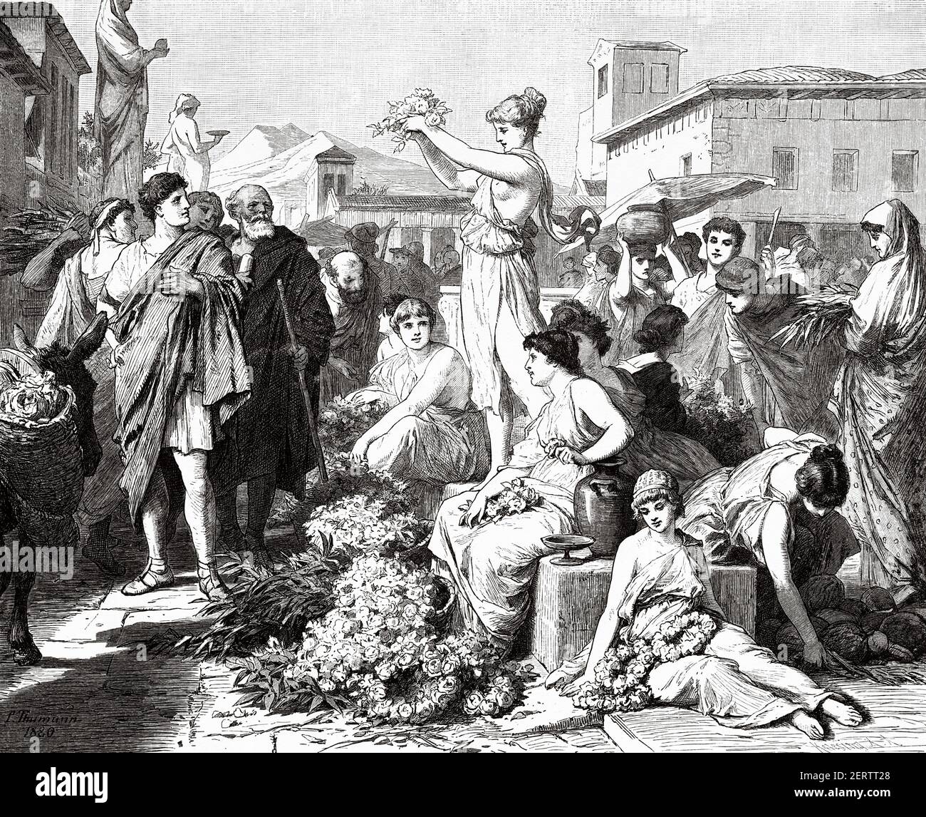 Daily life at the flower market, Athens. Ancient Greece. Europe. Old 19th century engraved illustration, El Mundo Ilustrado 1881 Stock Photo