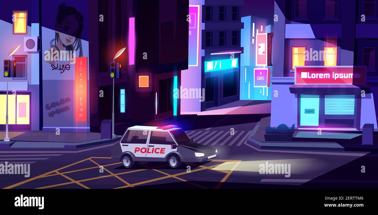 Night police patrol department car with signaling riding empty city street with buildings, glowing neon signboards, road crosswalk and traffic lights. Officer policeman job Cartoon vector illustration Stock Vector