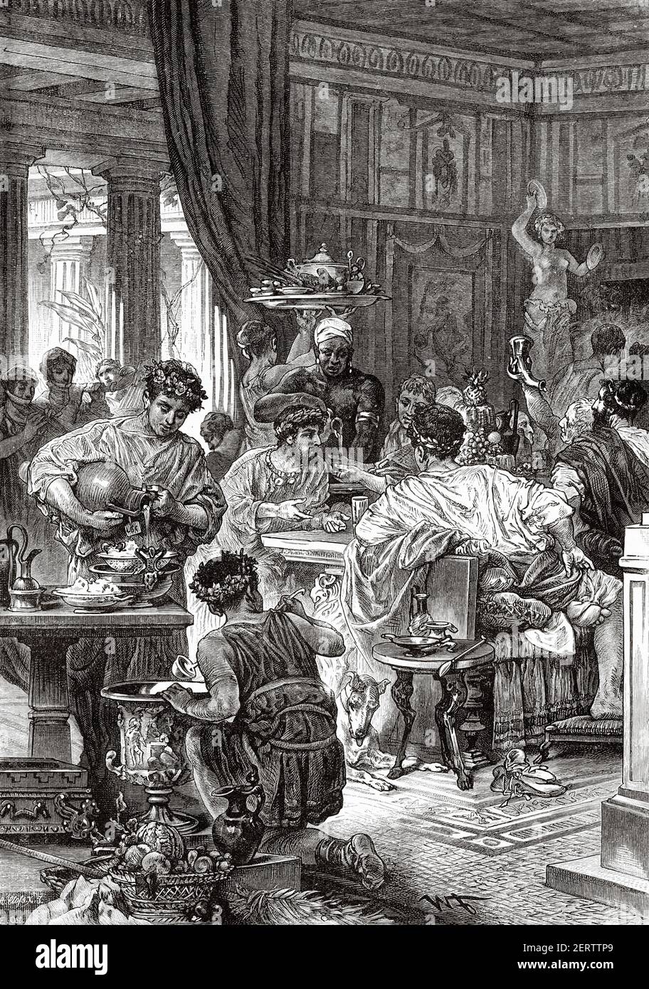 A Roman Banquet, Ancient Rome, Roman empire. Italy, Europe. Old 19th century engraved illustration, El Mundo Ilustrado 1881 Stock Photo