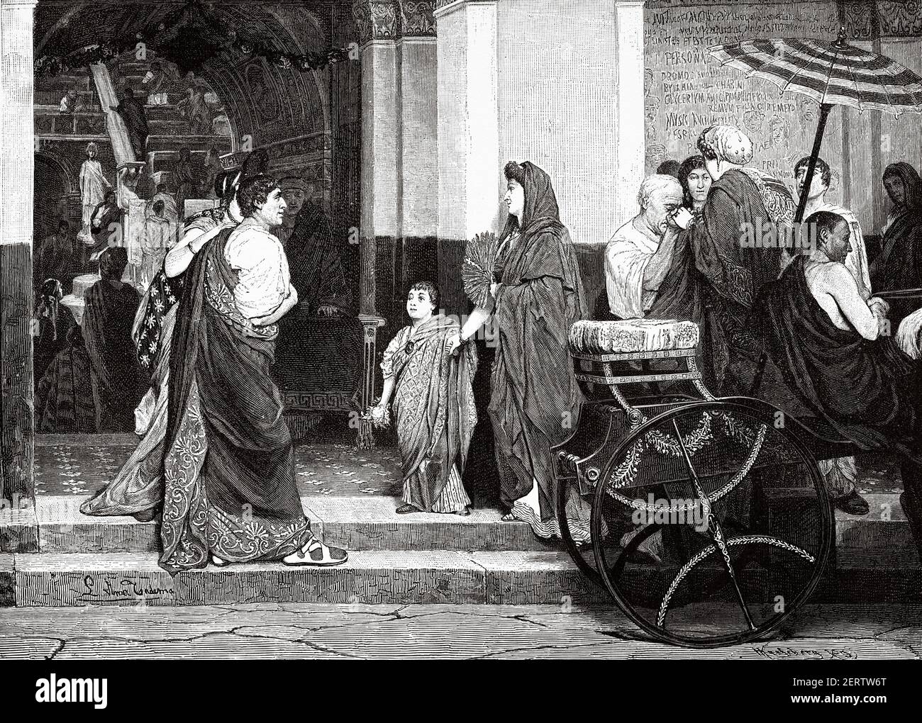 At the door of the theater in ancient Rome, Ancient roman empire. Italy, Europe. Old 19th century engraved illustration, El Mundo Ilustrado 1881 Stock Photo