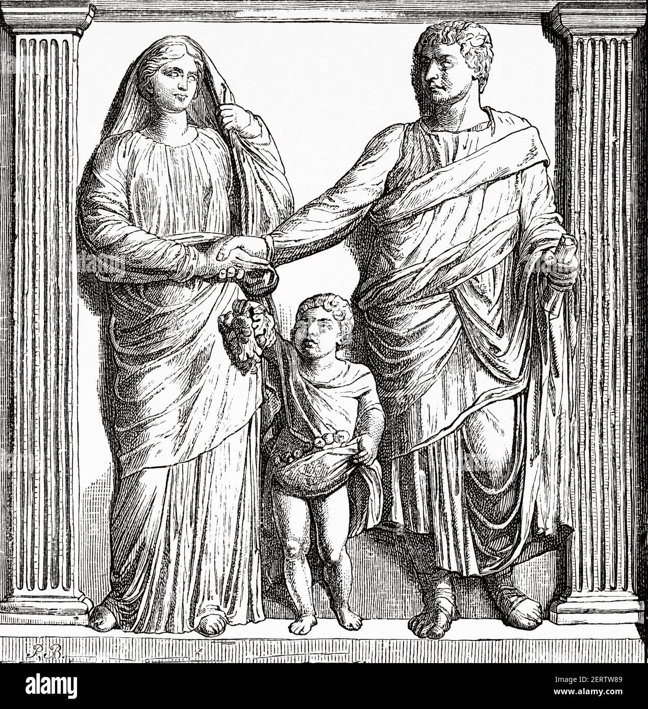 Roman family with their son, Ancient roman empire. Italy, Europe. Old 19th century engraved illustration, El Mundo Ilustrado 1881 Stock Photo