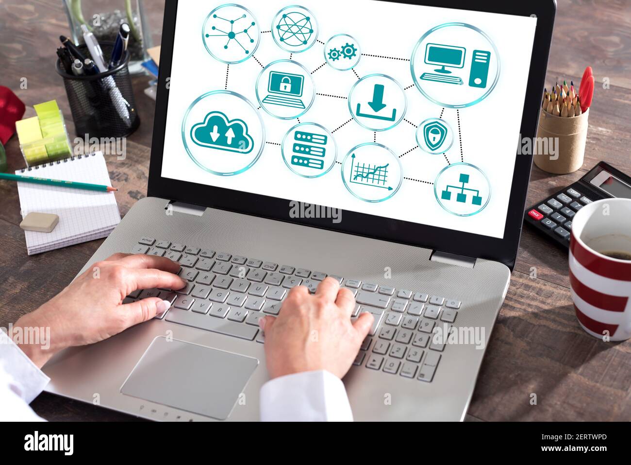 Cloud networking concept shown on a laptop screen Stock Photo