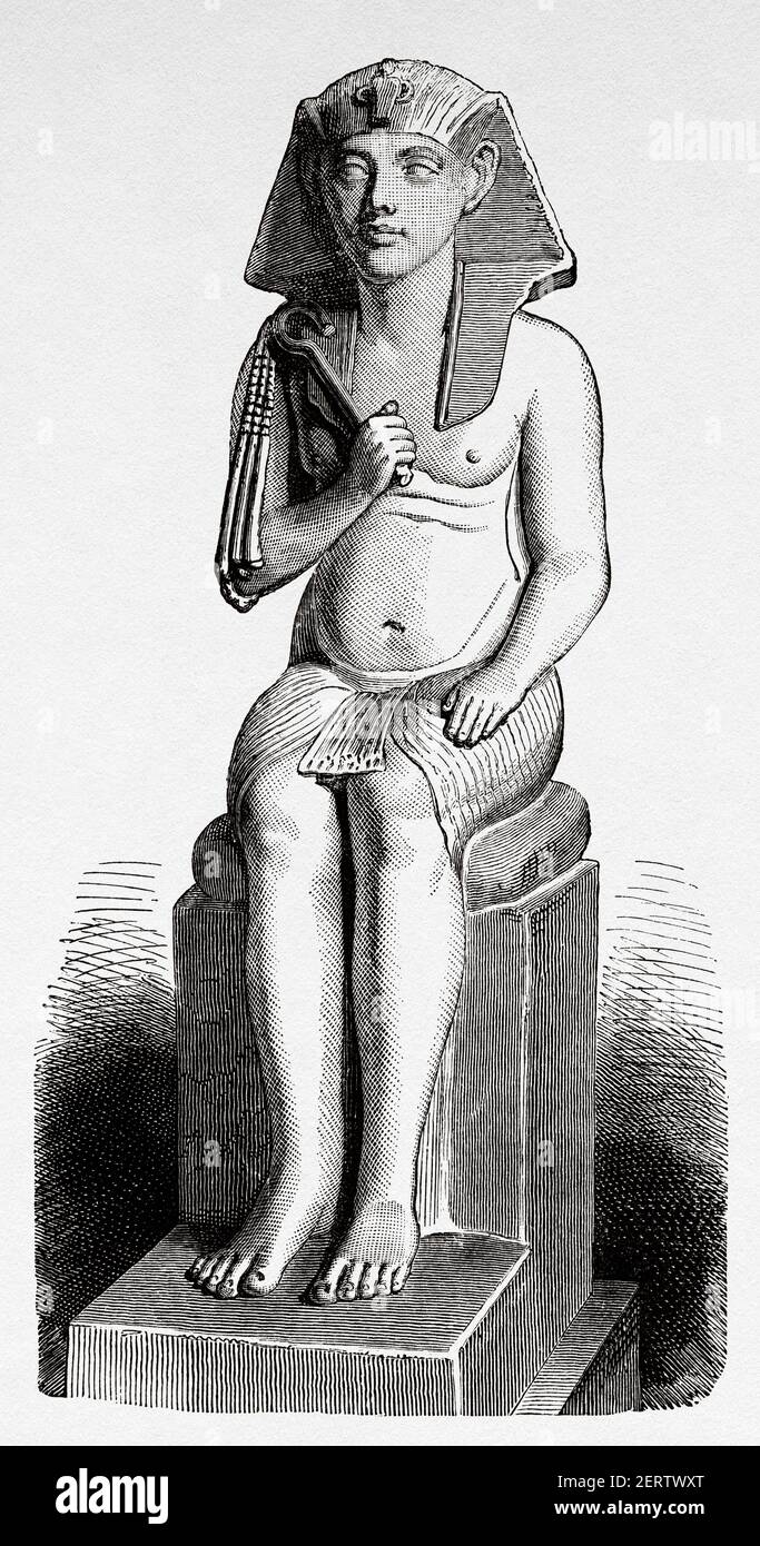Akhenaten. Amenhotep IV heretic pharaoh, Ancient Egypt. Africa. Old 19th century engraved illustration, El Mundo Ilustrado 1881 Stock Photo